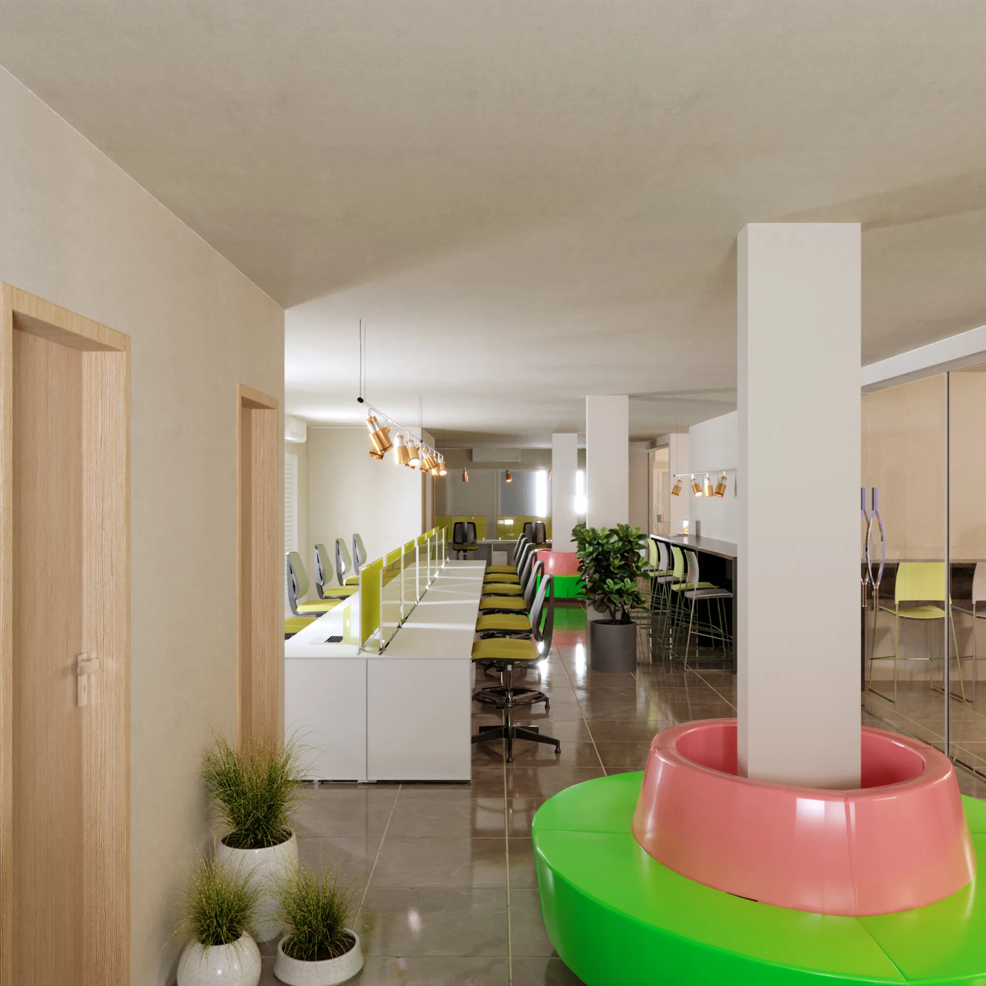 Coworking space with long white workbenches and lime-green chairs, a curved green-and-pink bench around a column and potted plants on the floor