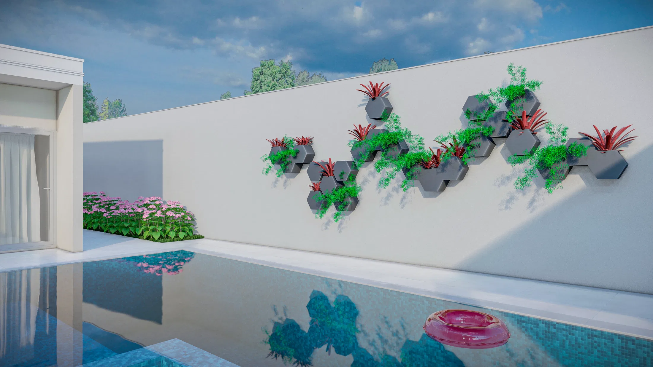 White poolside wall with a panel of hexagonal planters forming a vertical garden of red bromeliads and trailing greenery, mirrored in the water