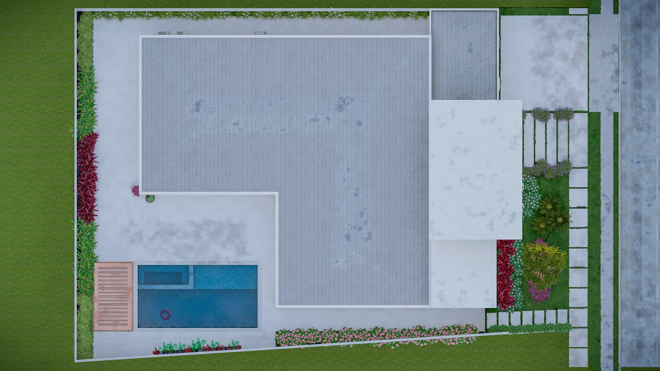 Top-down view of the plot showing the house footprint, a pool with timber deck and flowering beds framing the lawn