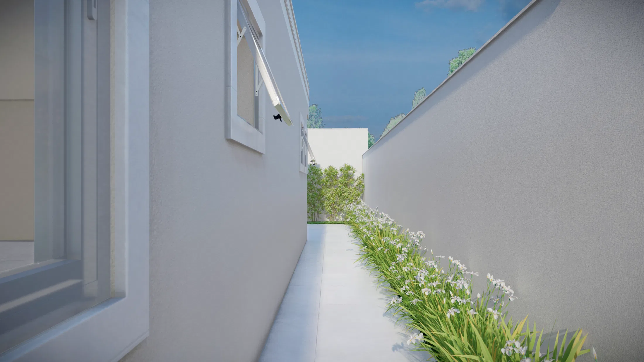 Service passage between white walls, a continuous strip of foliage and white flowers running along the paving toward the bright far end