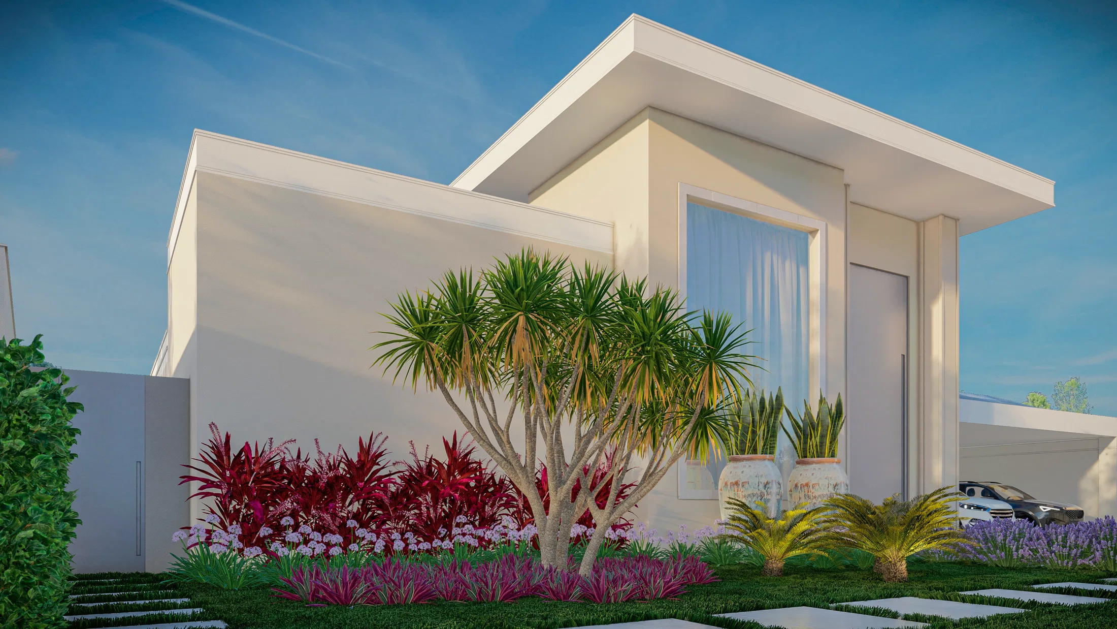 Side angle of the entrance garden with a central dracaena, a bed of magenta foliage and vases of snake plant against the pale wall