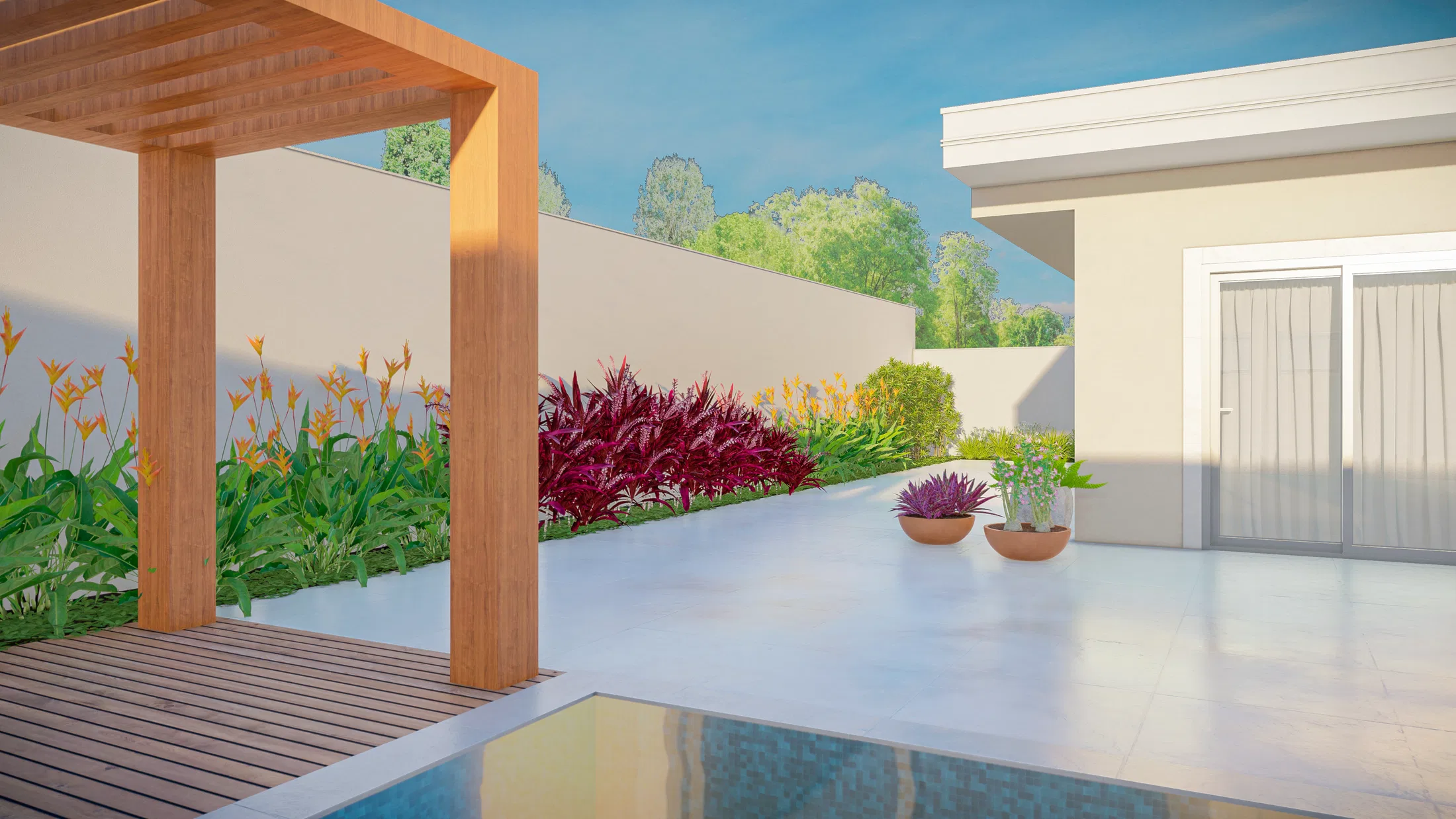 Backyard pool area with a timber pergola, a bed of yellow heliconias and wine-red foliage, potted plants and pale paving by the edge