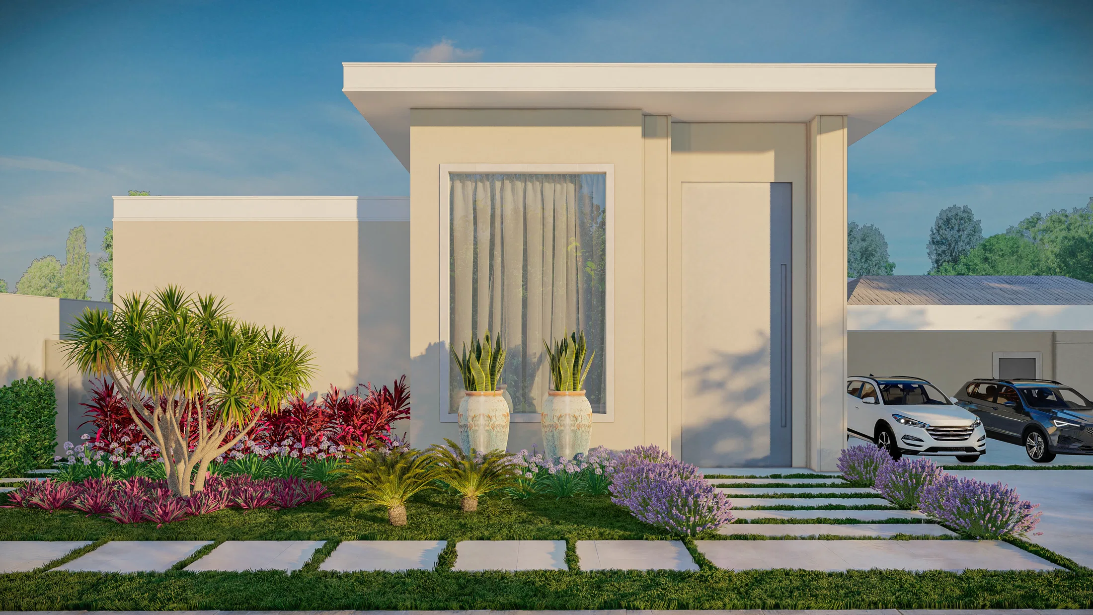 Single-storey house with clean lines and a front bed of dracaena, red foliage, lavender and ceramic vases set among concrete pavers on grass