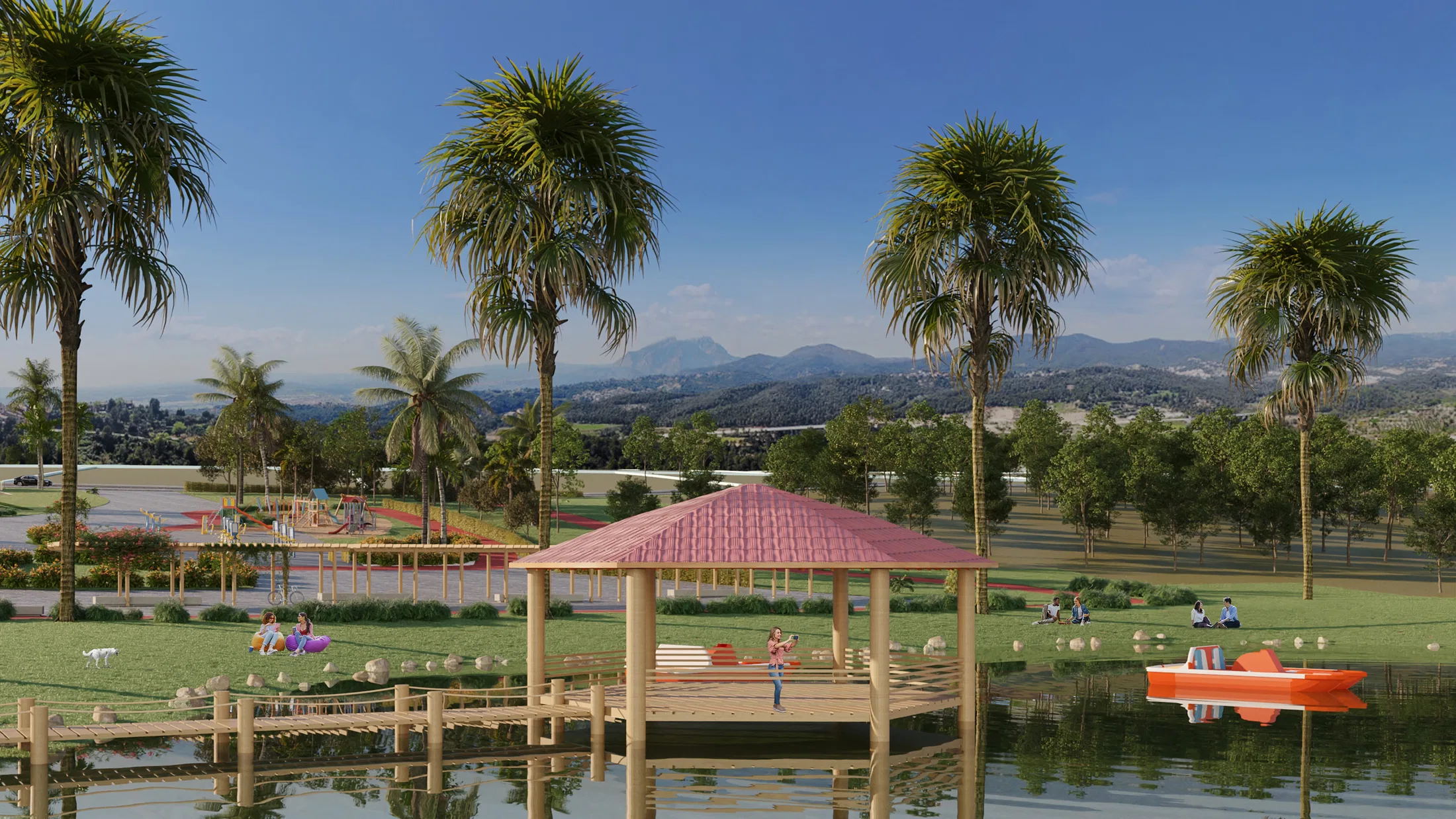 Tobacco-roofed gazebo on a timber deck at the edge of a lake with a red pedal boat, tall palms and distant mountains