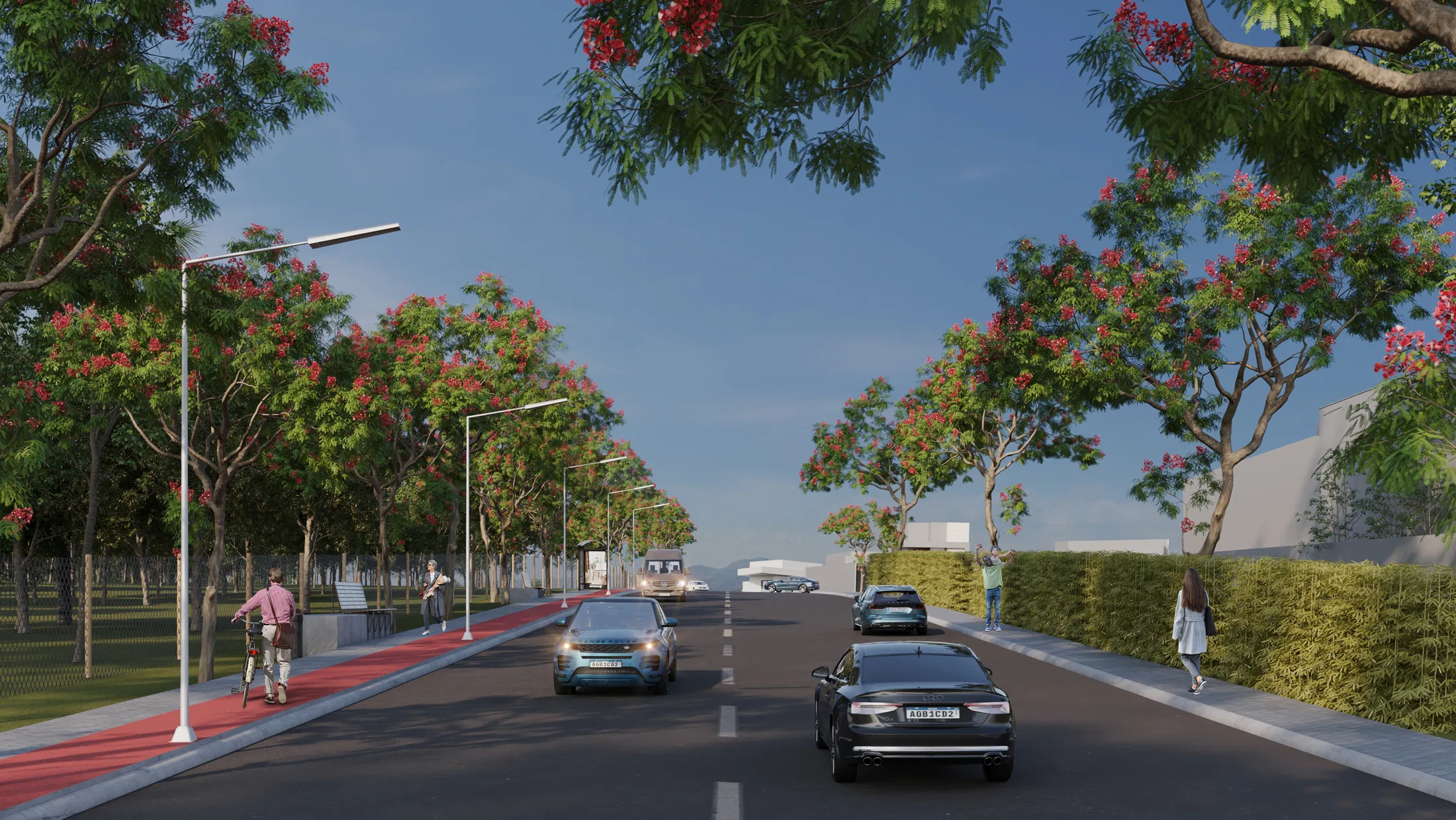 Boulevard framed by red-blooming flamboyant canopies, cars on the road, a cyclist on the bike lane and pedestrians on the sidewalk