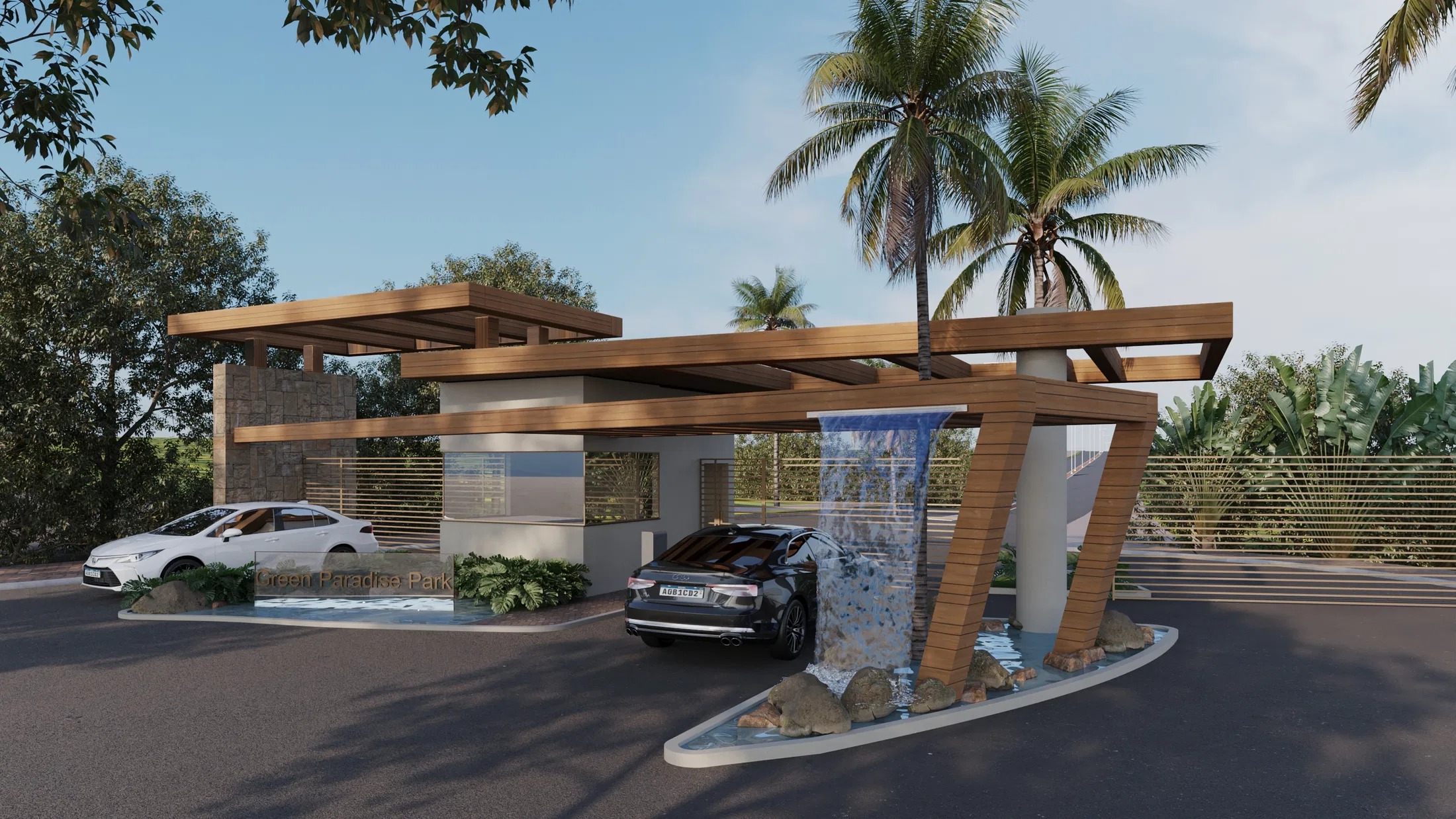Entrance gateway with a timber-beam pergola and a water wall beside tall palms, as cars cross the access road
