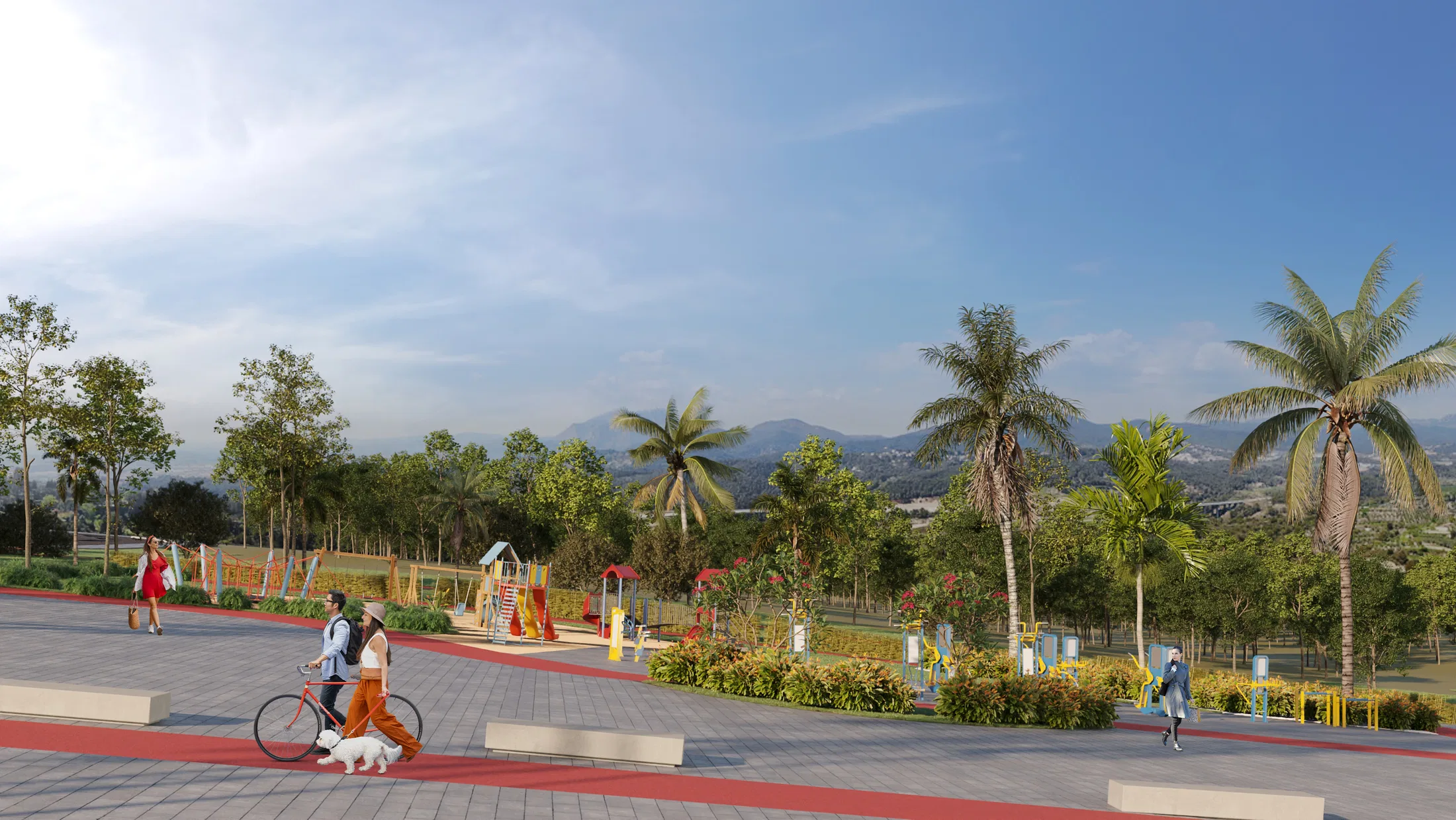Paved plaza with a red bike path and people strolling, one with a bicycle and dog, a colourful playground and palms behind