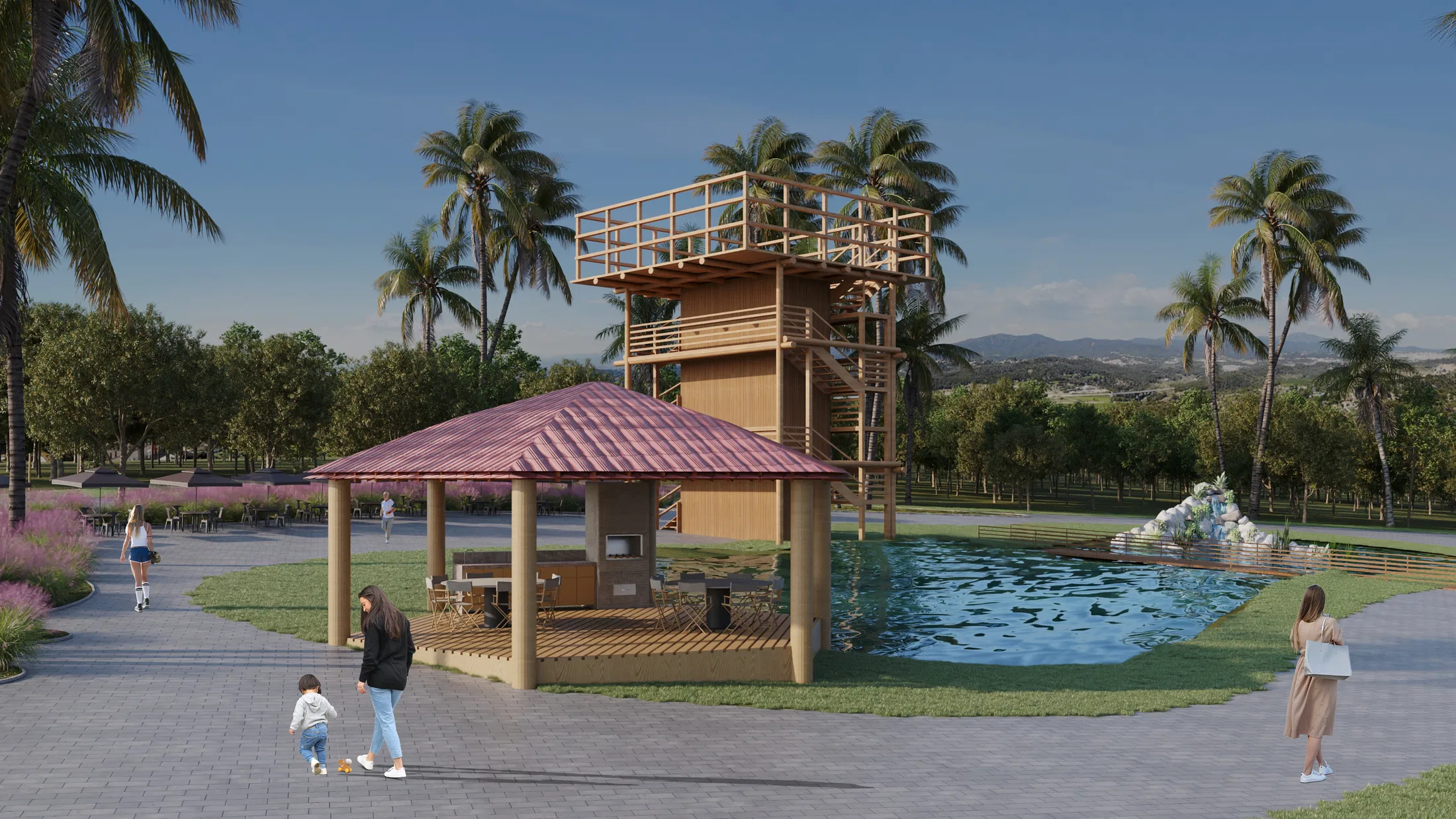 Multi-level timber lookout tower beside a gazebo with a grill and a small water feature, a mother and child walking the path