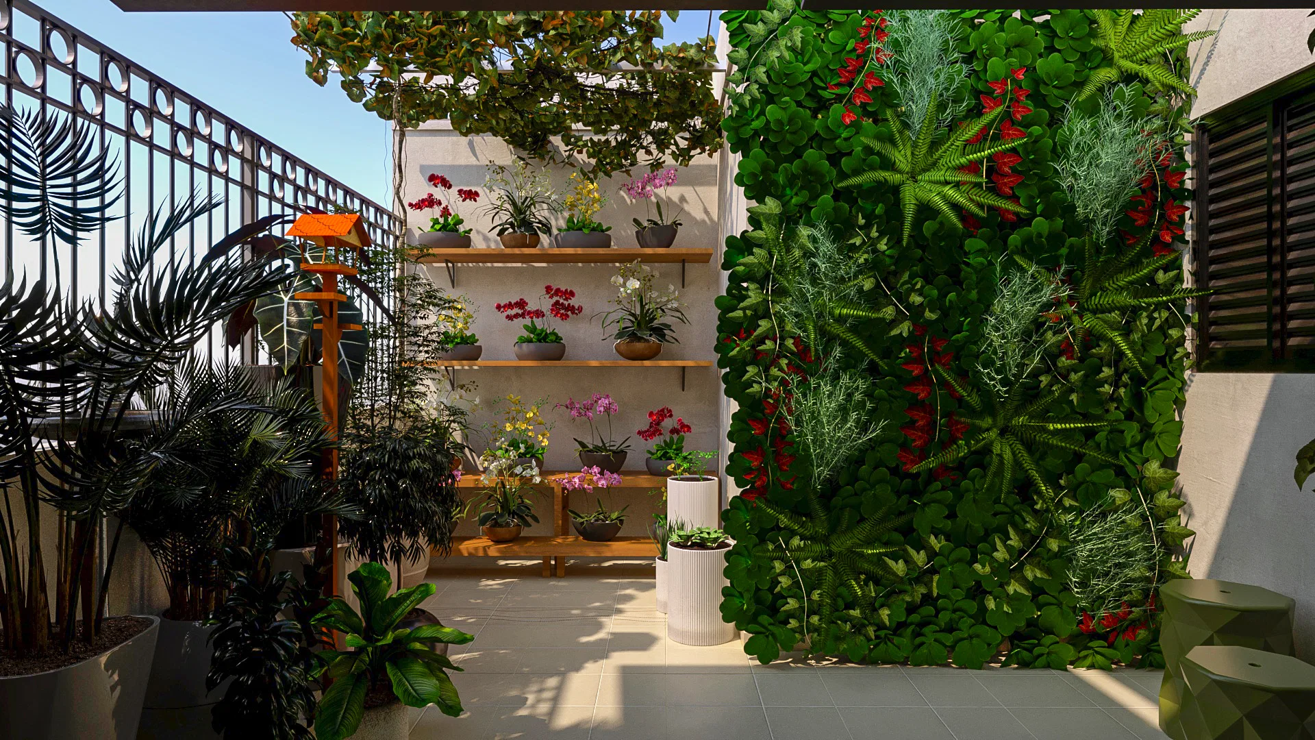 Narrow patio with a vertical-garden wall of foliage and red flowers beside wooden shelves holding potted orchids in daylight.