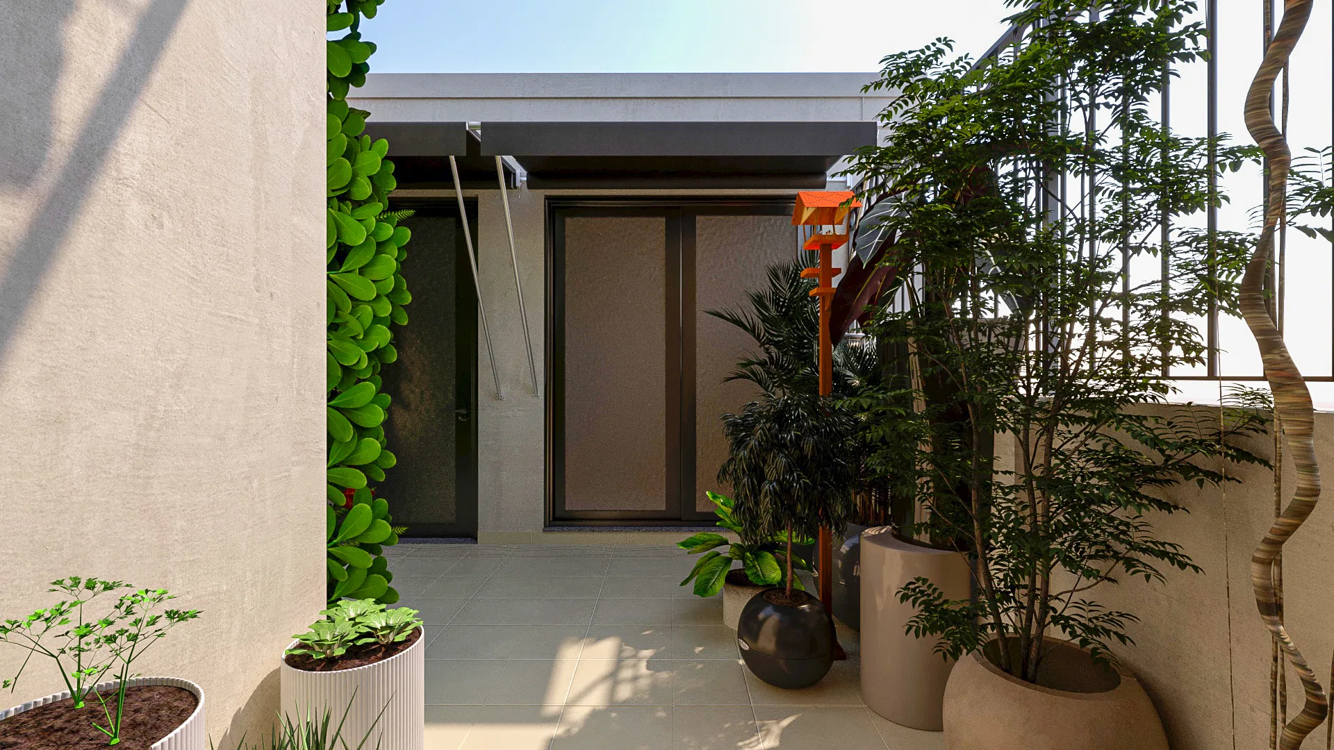 House entrance with a framed glass door, a strip of succulents on the wall and pots of palms and foliage on pale flooring.