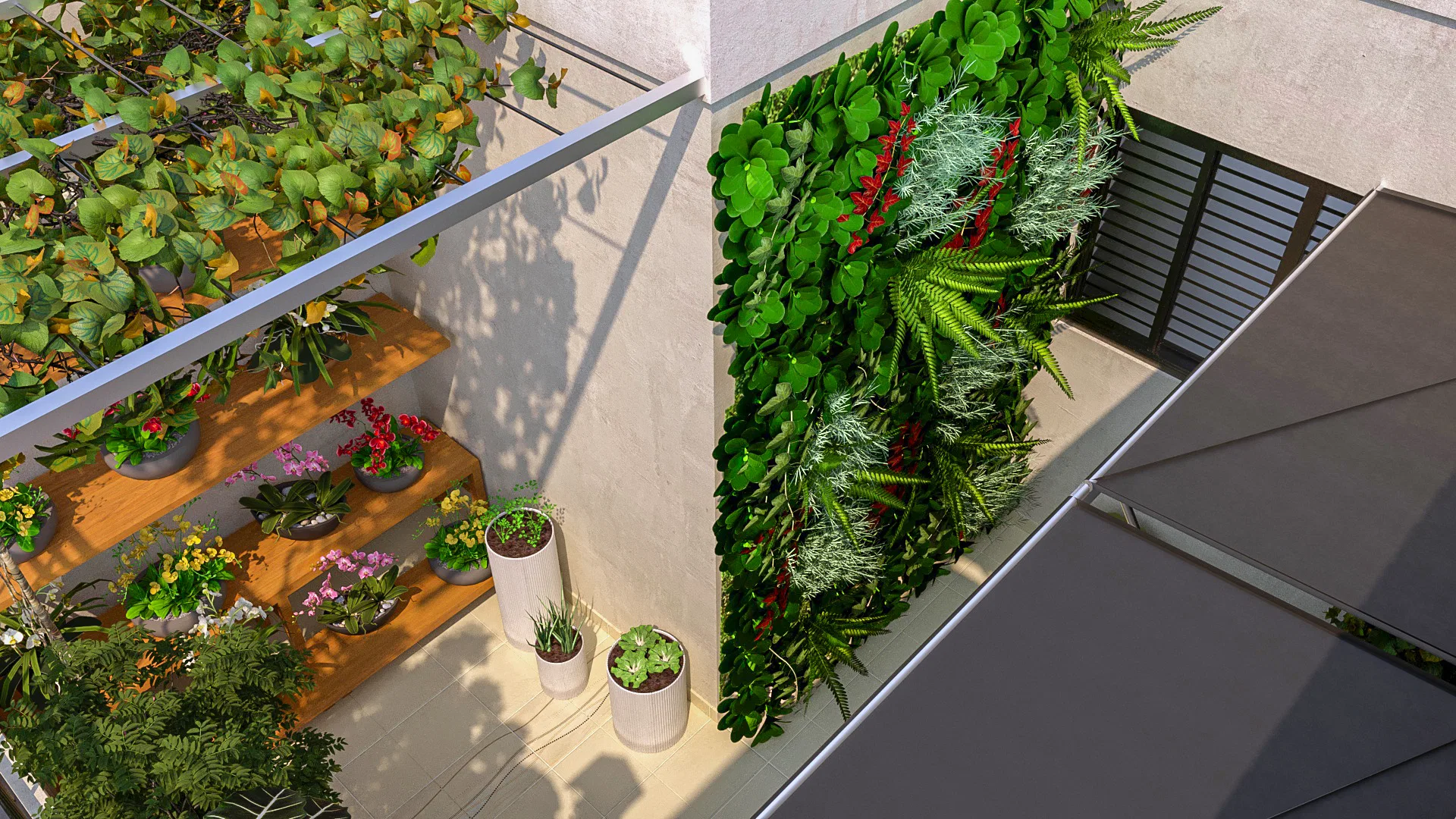 Overhead view of the same patio showing the living-wall panel, shelves of flowering pots and white cylindrical planters on pale tiles.