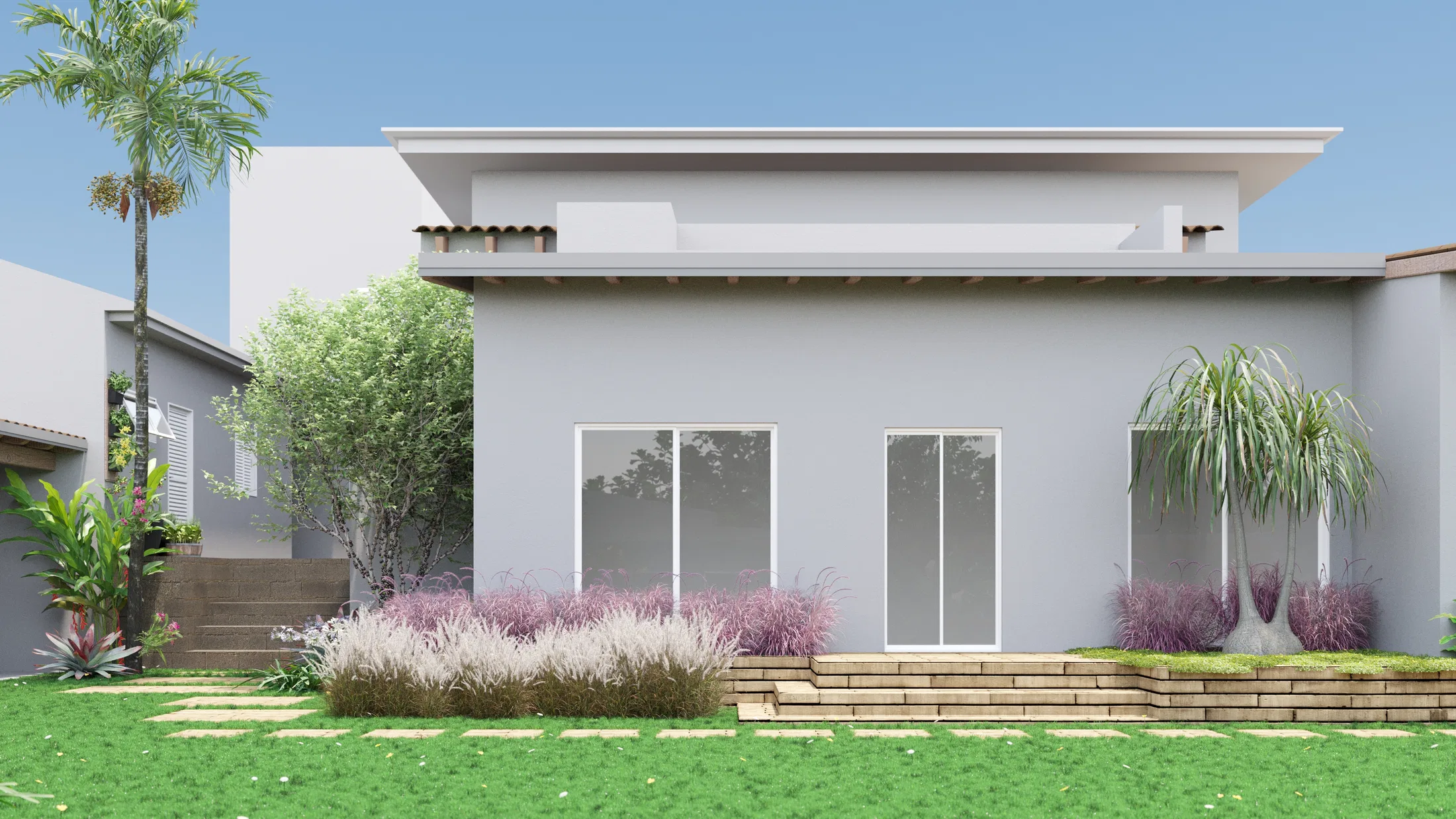 Two-storey facade with large glass doors, a raised bed of pink ornamental grasses, a ponytail palm at right and stepping stones in the lawn.