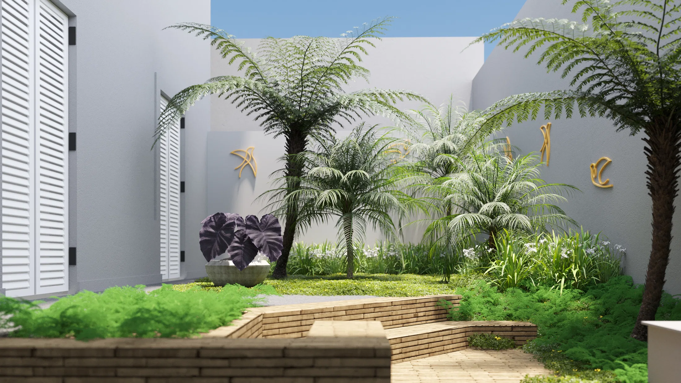 Internal courtyard with palms and dense foliage, stepped brick paving, a stone bowl of dark leaves and a wall with metal ornaments.