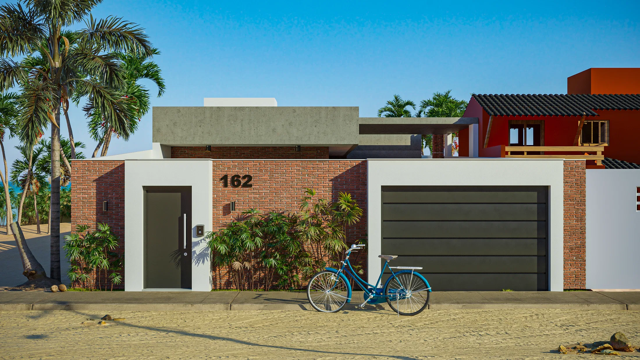 Main facade of the beach residence highlighting the exposed brick and entrance. — GRON 3D