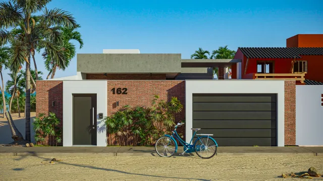 Main facade of the beach residence highlighting the exposed brick and entrance. — GRON 3D