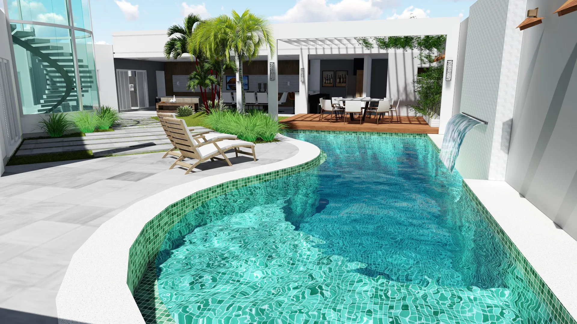 Curved pool clad in green mosaic with a wall spout, wooden loungers on the deck and a covered gourmet area beyond, next to a spiral stair in a glass cylinder