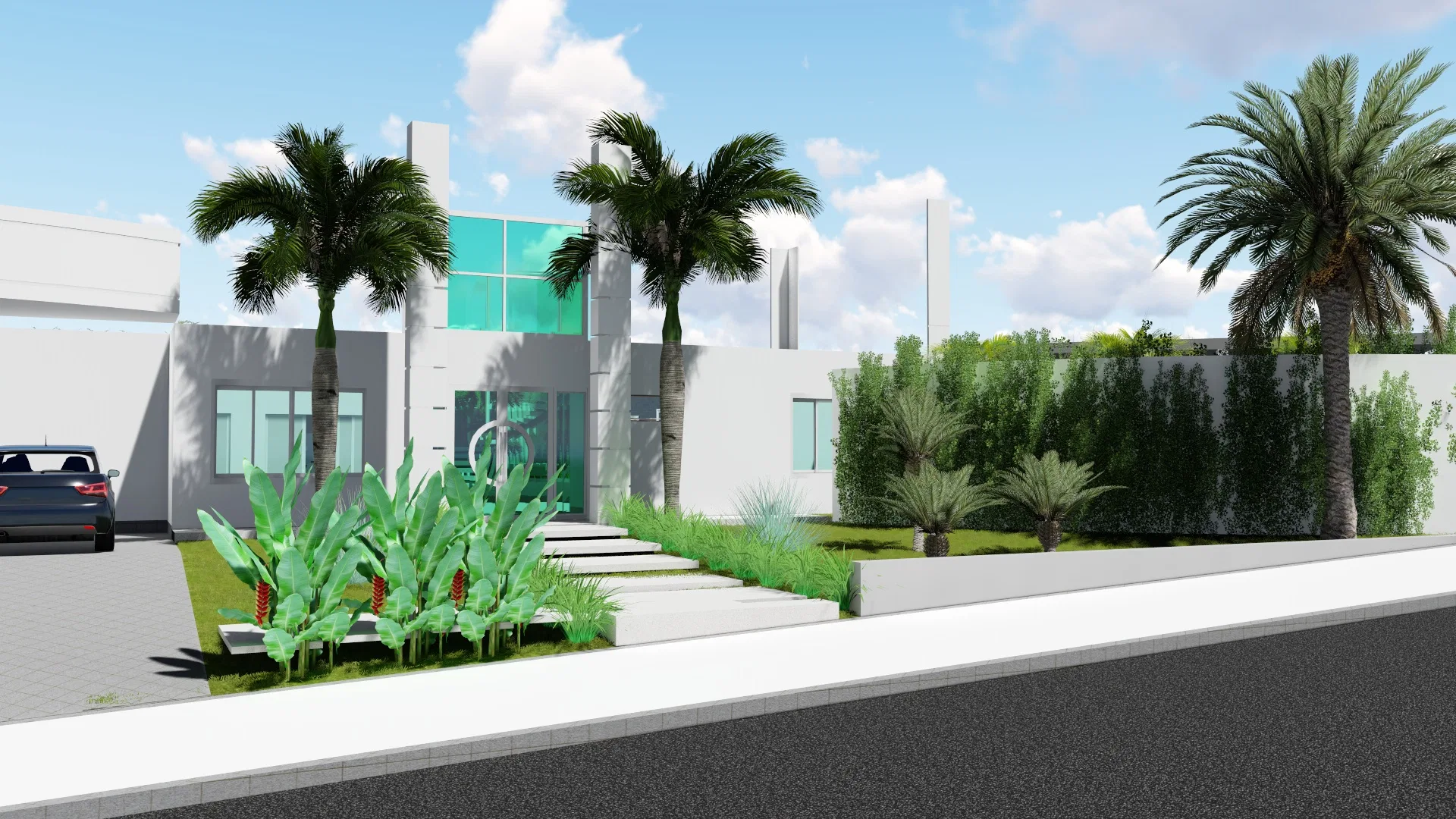 White street-facing facade, with palms flanking the entry stair and a bed of tropical foliage and red flowers along the sidewalk