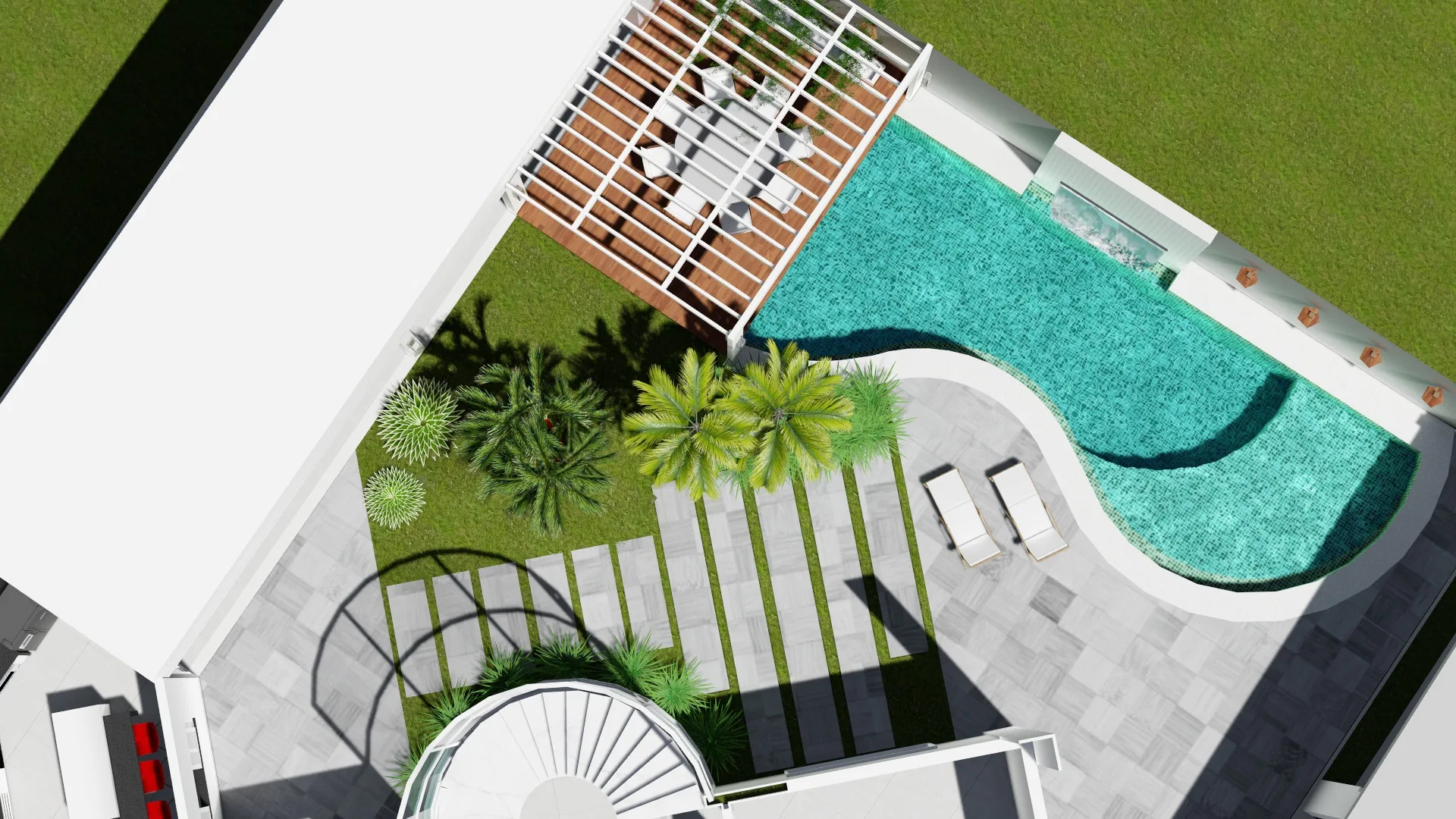 Overhead view of the backyard, showing the curved pool, the pergola dining deck, a row of palms and the stone path across the lawn