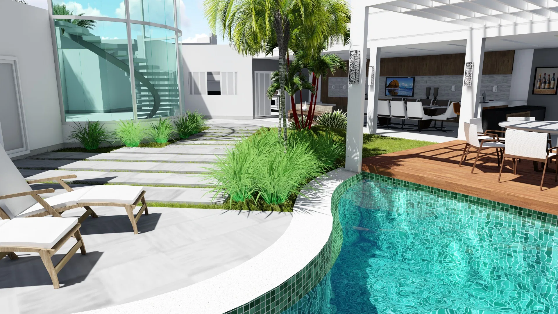 White loungers on the paved deck along the curved pool, with ornamental grasses, a central palm and the covered gourmet area with dining and lounge behind