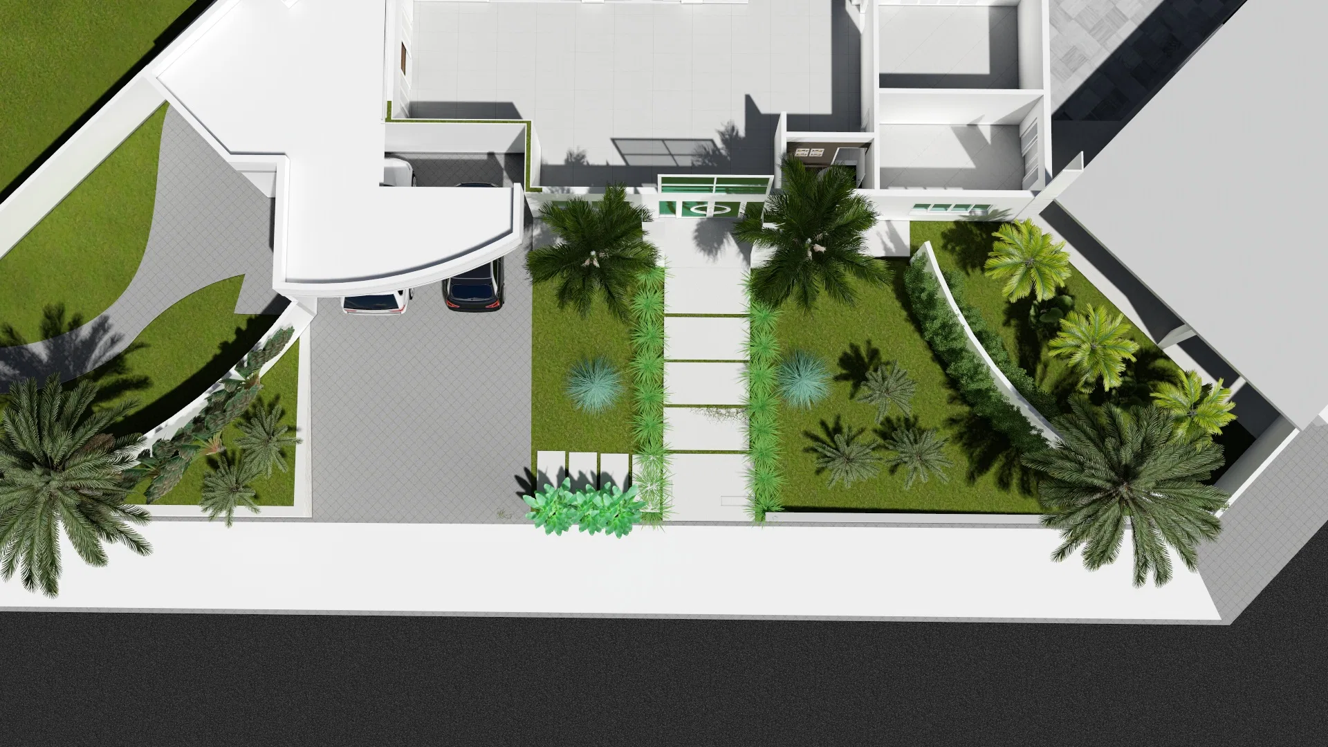 Aerial view of the whole lot, with the driveway and carport, symmetrical beds of palms and foliage, lawns and the stone entry path