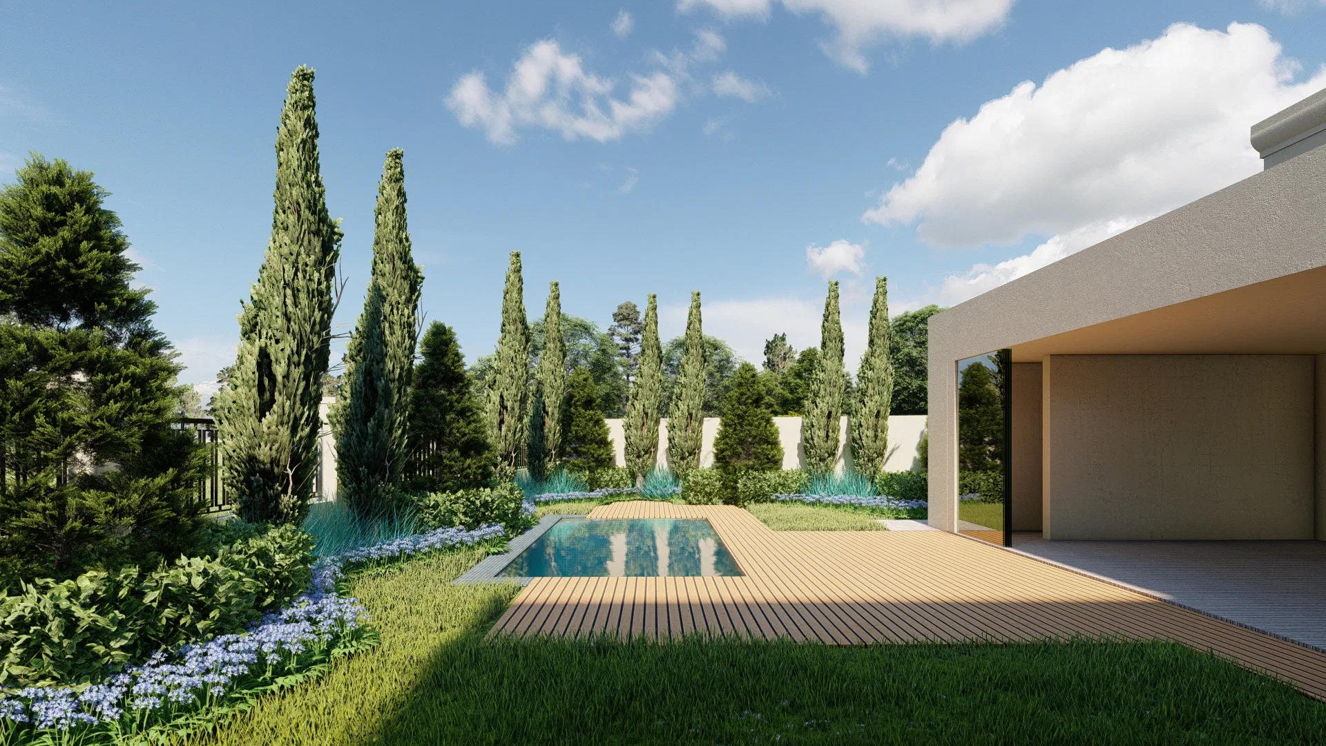 A long pool with timber deck beside the beige house, a row of columnar cypresses behind and borders of blue agapanthus over the lawn.