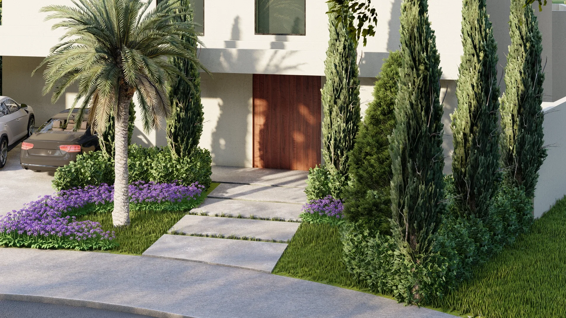 Paved entry path framed by cypresses and a date palm, with masses of purple flowers, a wooden door beyond and a car in the carport.