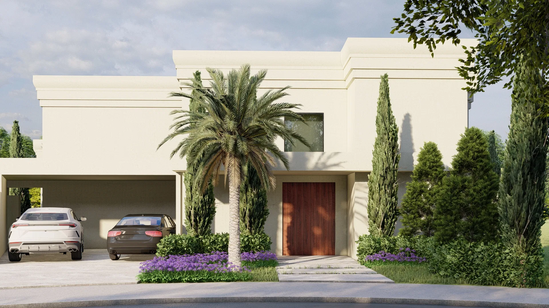 Beige two-storey front facade, a carport with two cars at left, a date palm at the entrance, cypresses and a mass of purple flowers by the door.