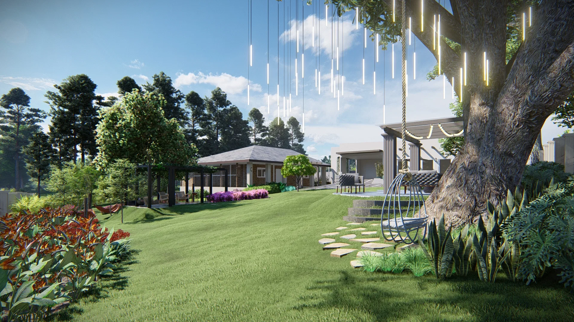 Lawn view with a tree strung with hanging lights, a swing hammock and houses in the background among flowering beds
