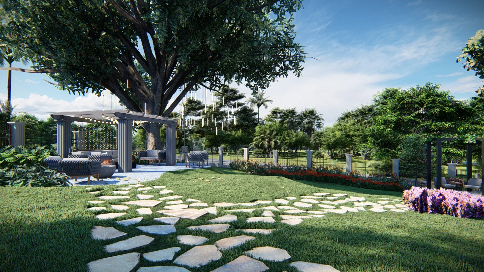 Irregular stone path across the lawn leading to a pergola with bench seating, flanked by beds of red and purple flowering plants