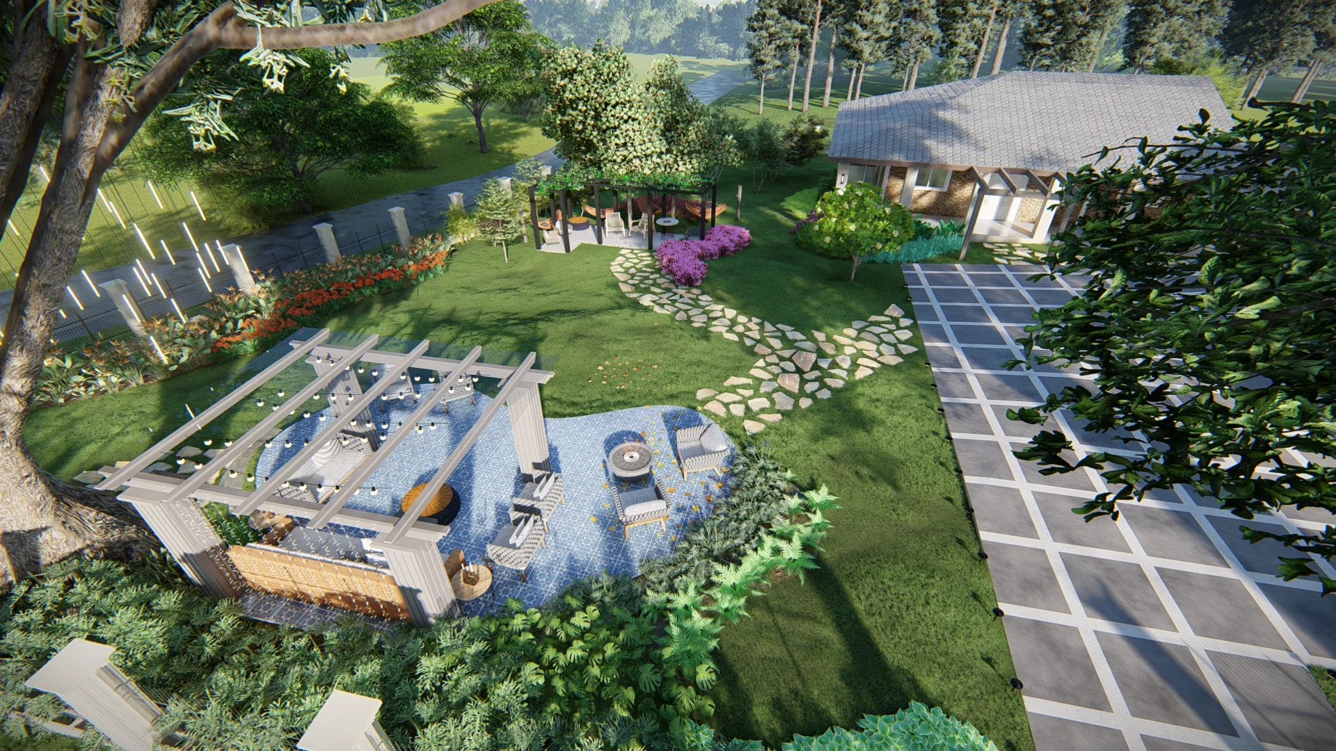 Elevated view of the patio with a pergola over a reflecting pool, lounge furniture and a stone path through the greenery