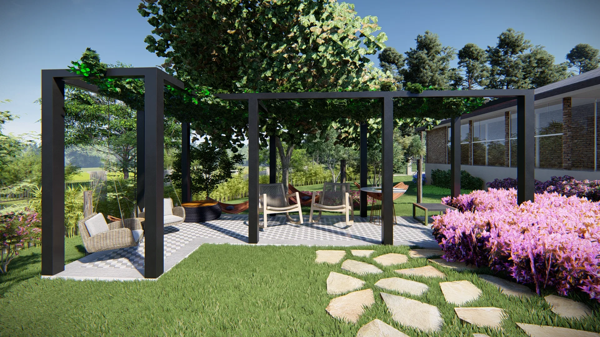 Dark-framed pergola over checkered flooring with a hanging chair and wicker seats, beside a mass planting of pink-flowering azaleas