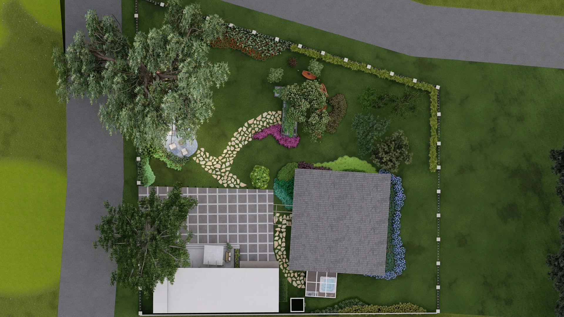 Aerial view of the entire site showing the landscape layout, paths, checkered flooring and seating areas around the house