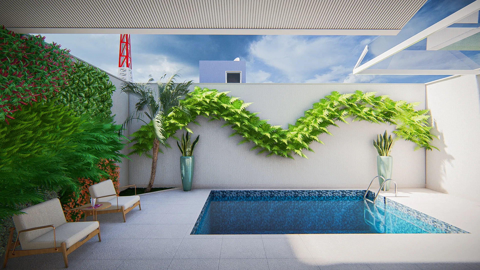 Wide view of the courtyard pool with pale loungers and ferns tracing a green wave across the white wall
