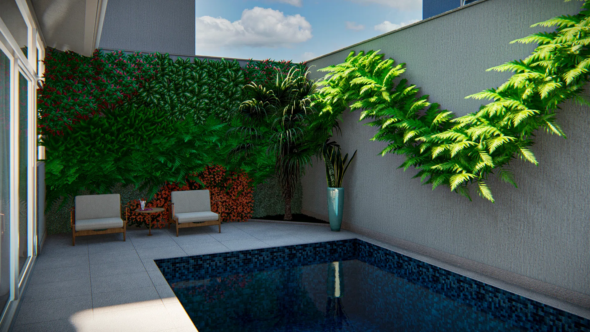 Corner of the courtyard with a dark-water pool, a flowering green wall and pale armchairs with a side table