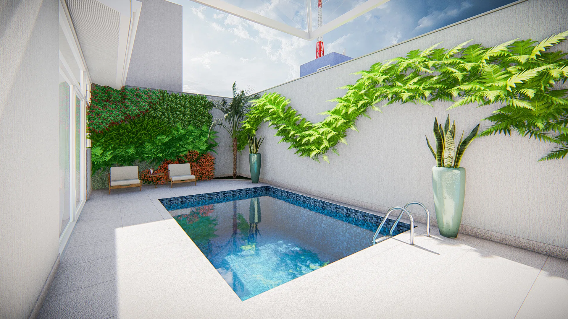 Compact courtyard with a blue-mosaic pool, a flowering living wall, pale armchairs and a tall vase holding a snake plant