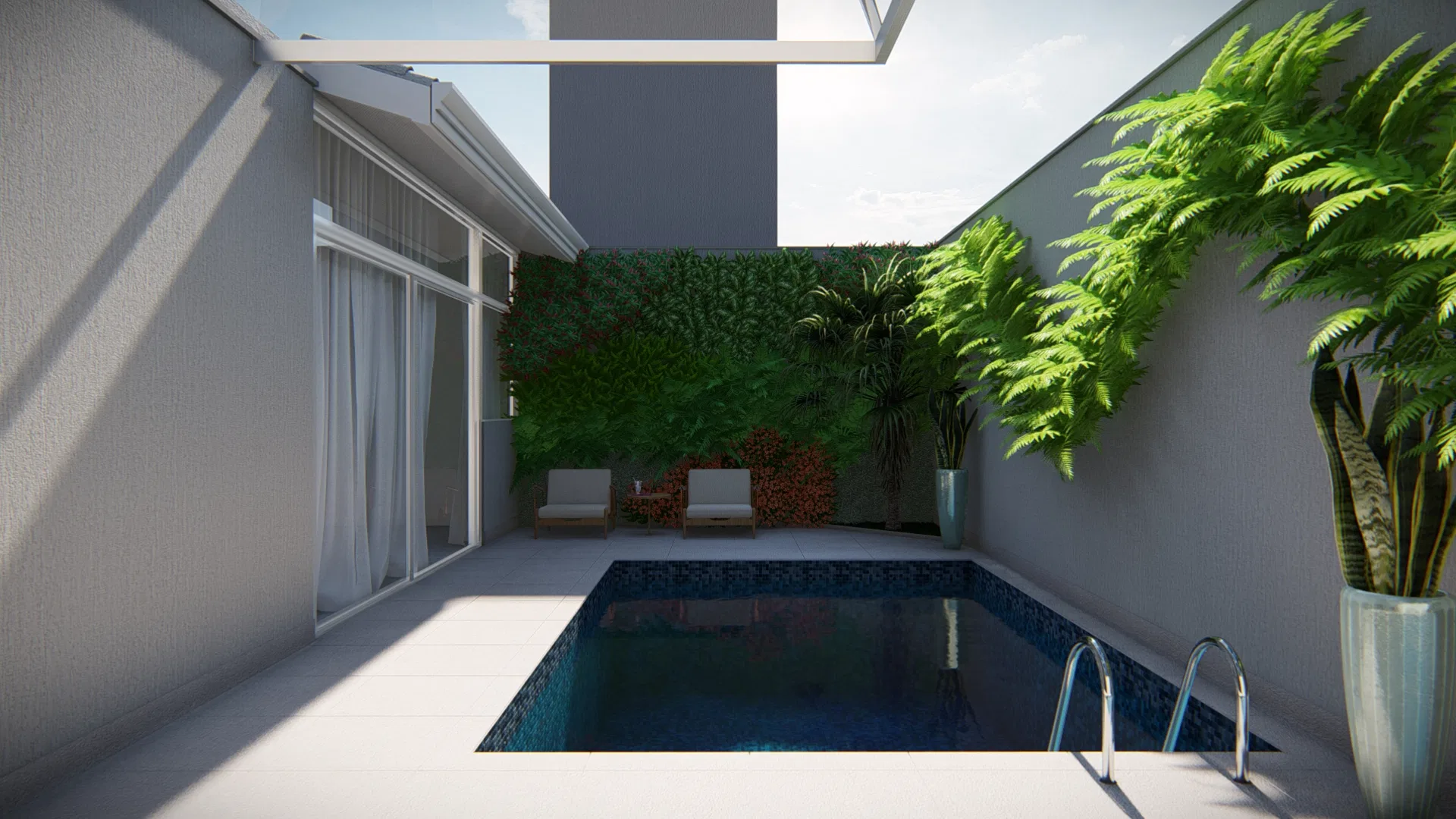 Angle from the glass doors, the dark pool mirroring the courtyard and armchairs set against the living wall