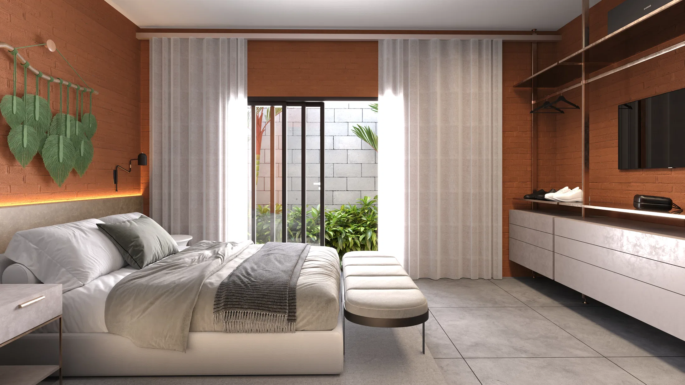 Master suite with pale bedding, brick wall, sheer curtains and a glass door opening to an inner garden of tropical plants