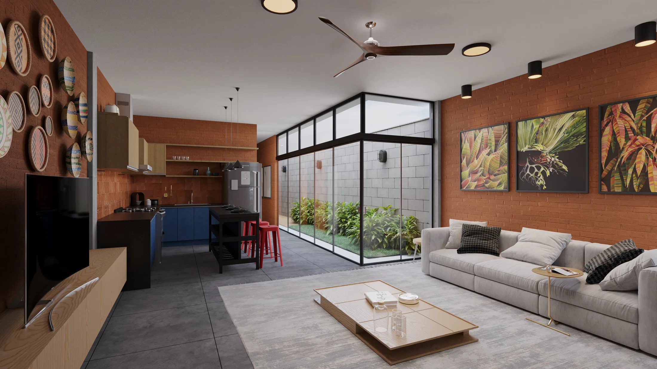 Second view of the open living space: kitchen with blue cabinetry and red stools, botanical prints on the brick wall and a lit inner garden