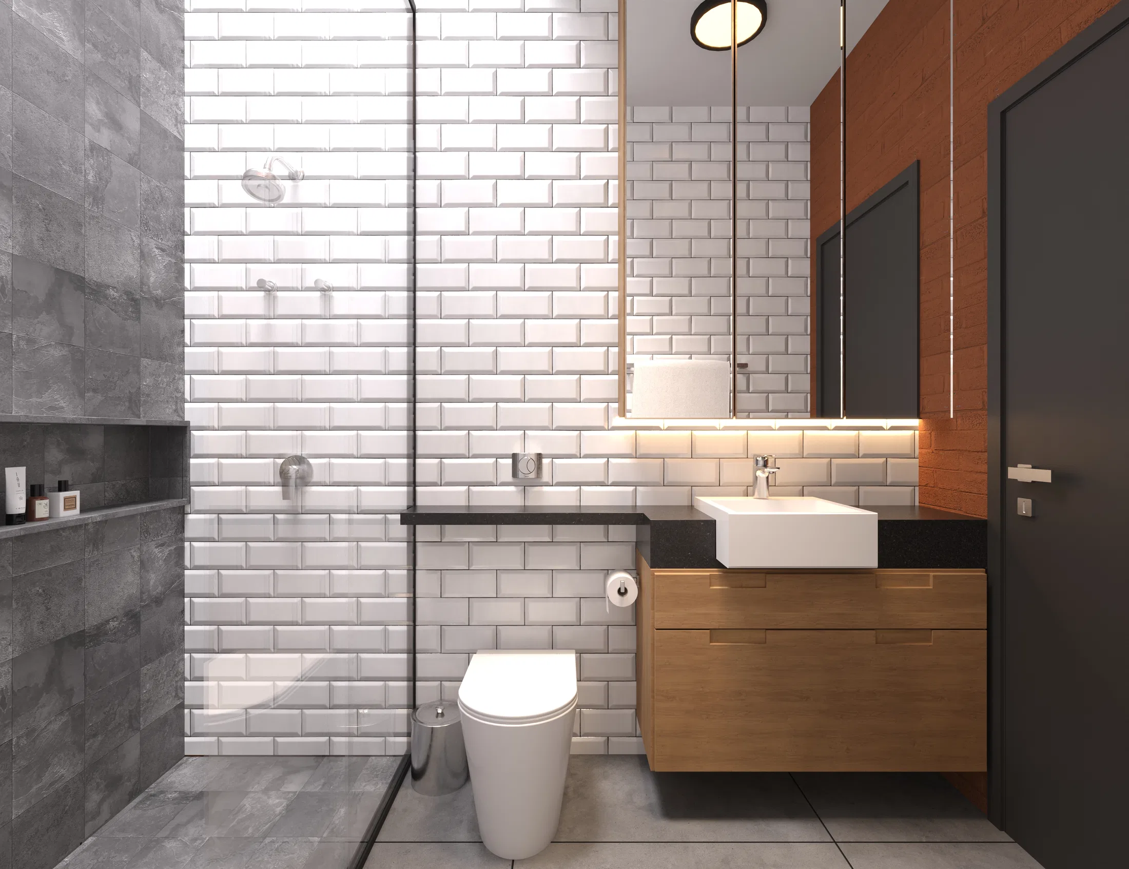 Social bathroom clad in white subway tile and grey stone, a floating wood vanity with a vessel basin and a backlit mirror