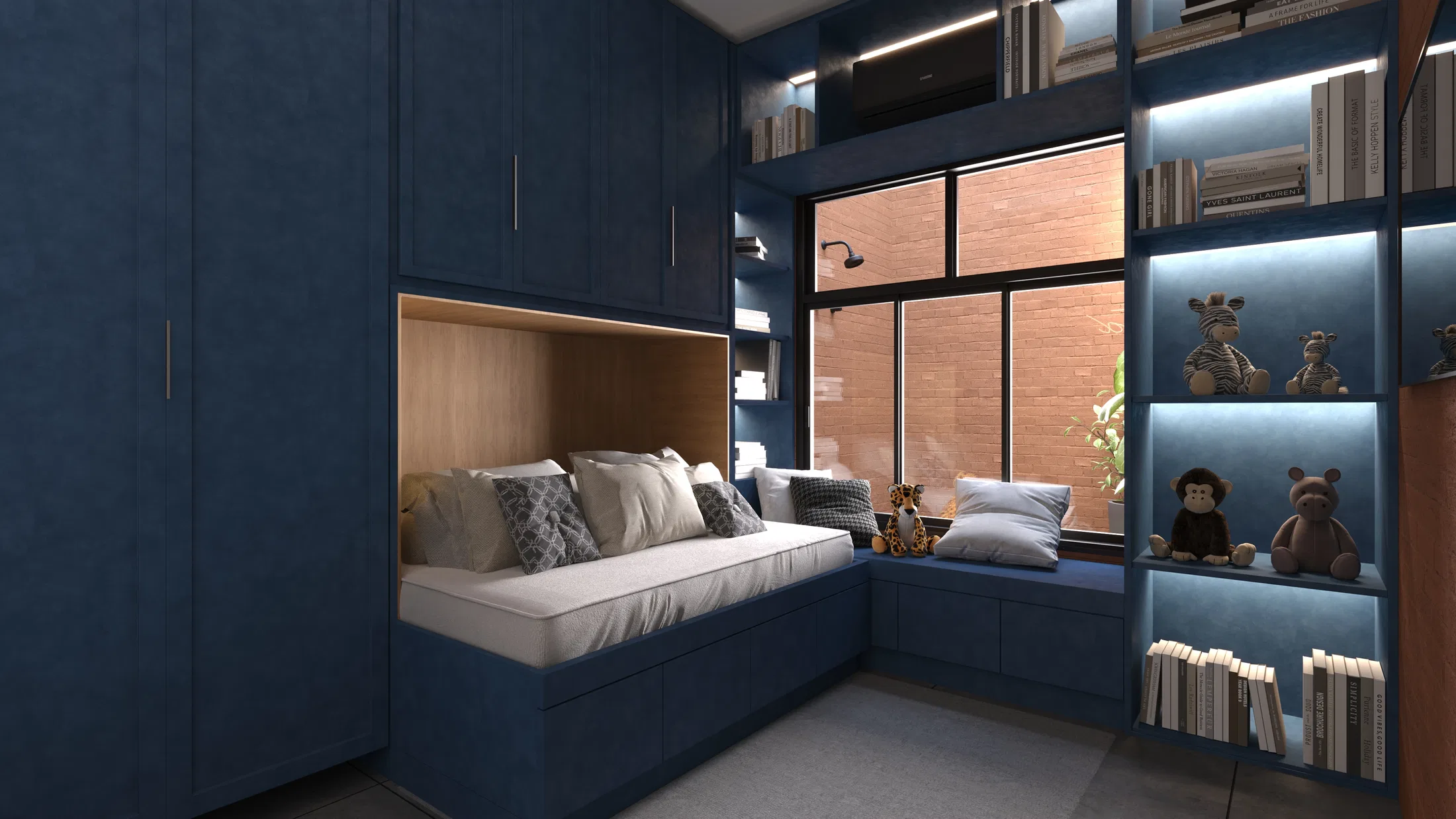 Children's bedroom with blue joinery, a built-in bed in a wood niche, window seat and a lit shelf of books and plush toys