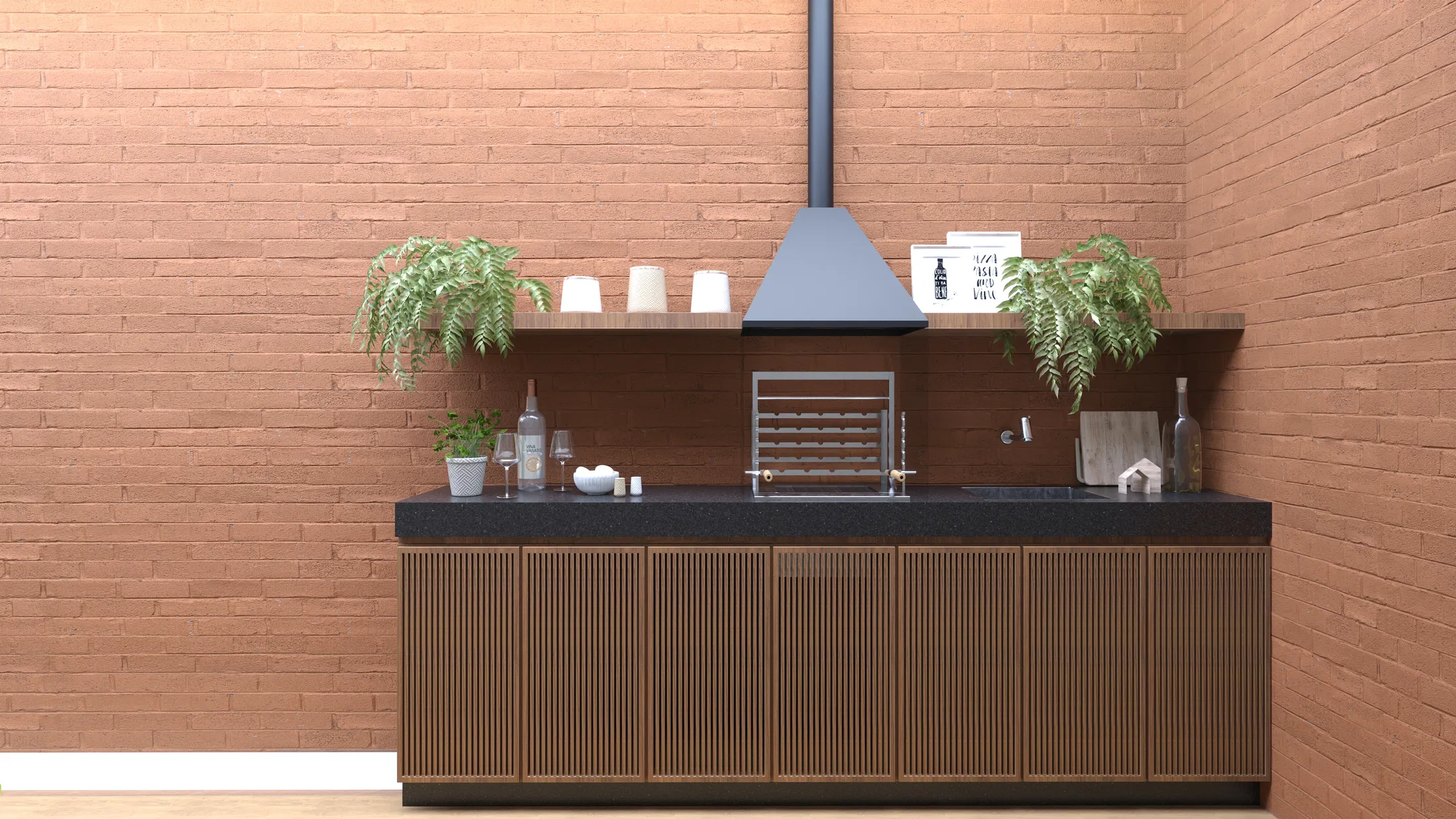 Outdoor gourmet area with a black-hooded grill on a dark counter, slatted wood cabinetry and ferns against the brick wall