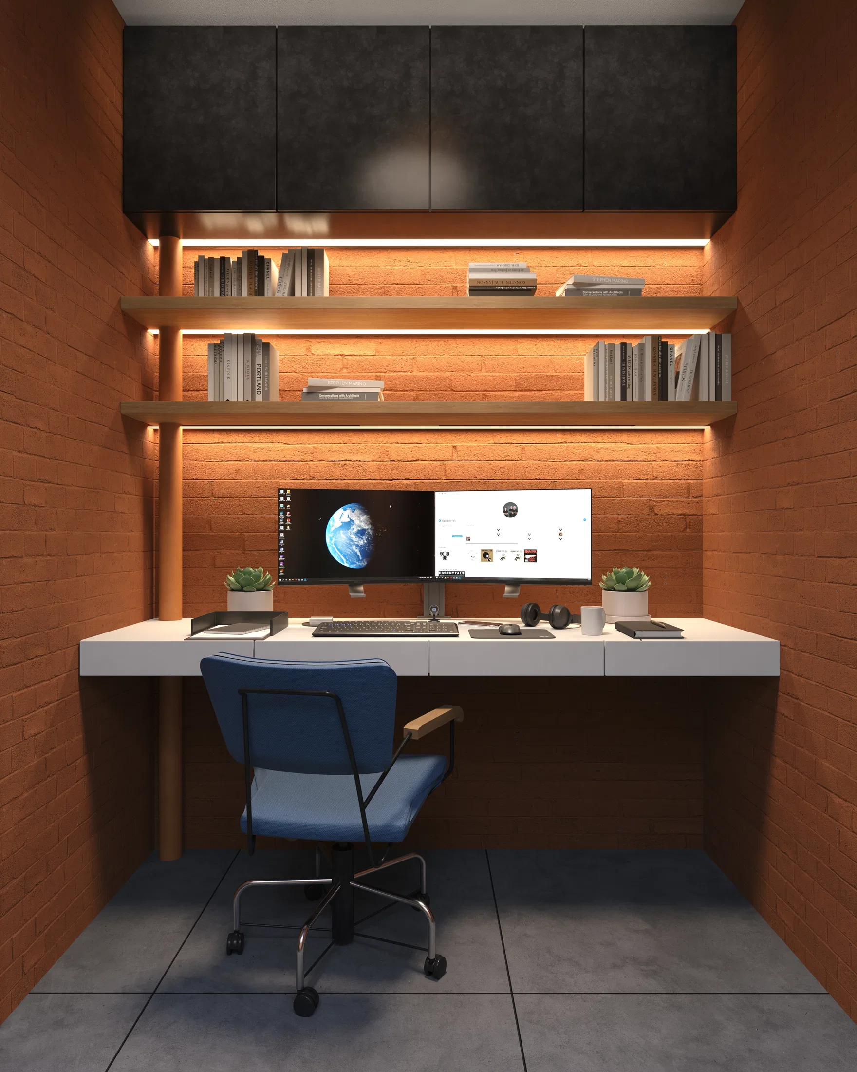 Compact home office between brick walls, a floating white desk, blue chair and backlit shelves holding books and an ultrawide monitor