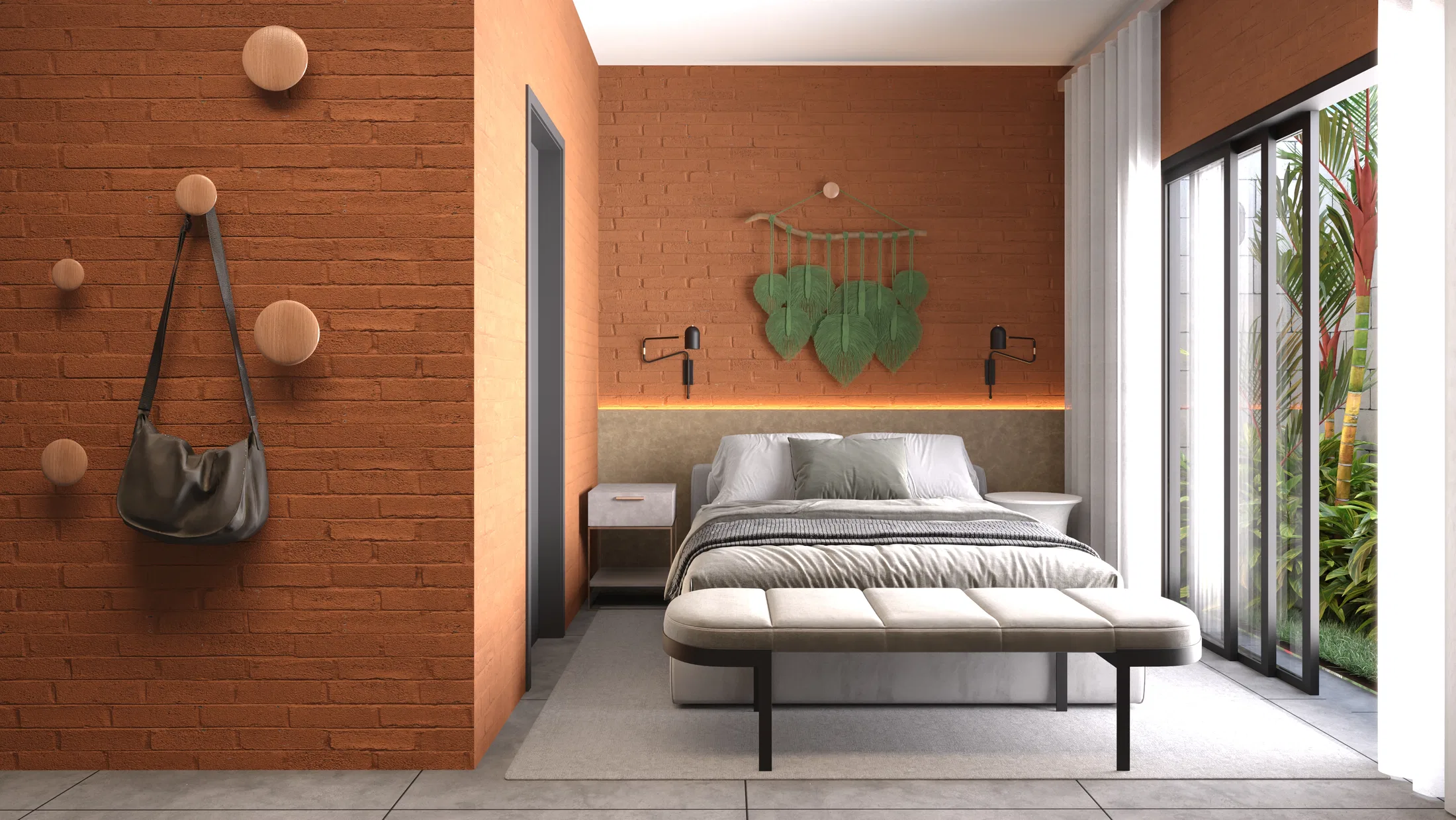 Second view of the suite: brick wall with wood pegs, a leaf panel above the headboard, a bench at the foot of the bed and glazing to greenery