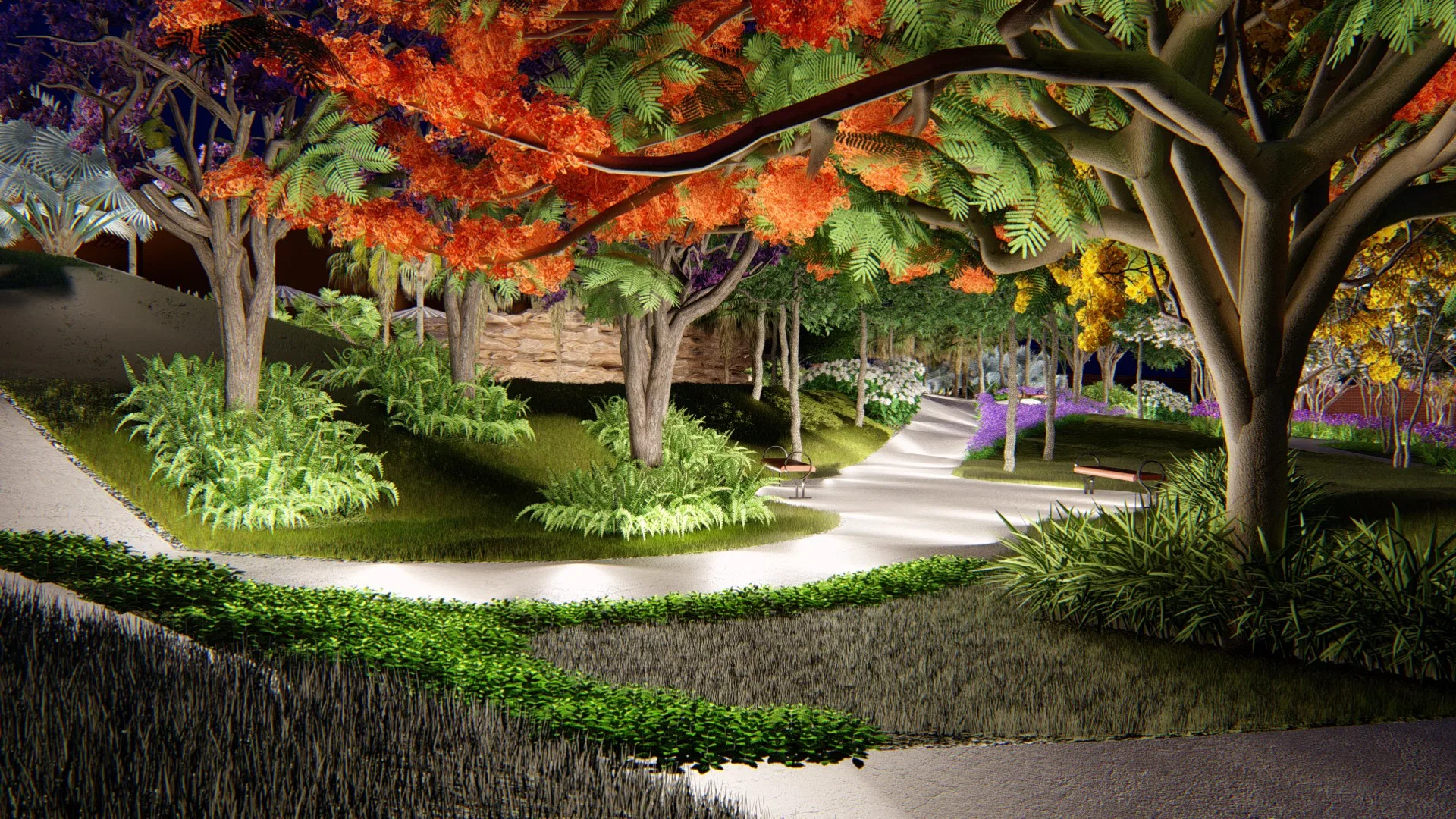 The same avenue at night, the orange tree highlighted, grazing light along the path and stepped beds of ground cover and clipped hedges