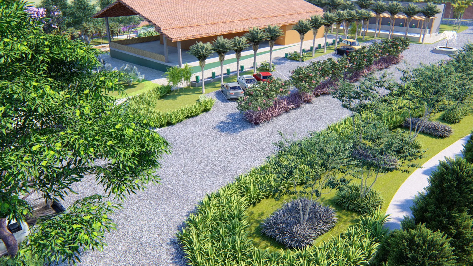 Aerial view of the gatehouse with a colonial-tiled roof, a gravel access lined with imperial palms, parked cars and beds of rounded ornamental grasses