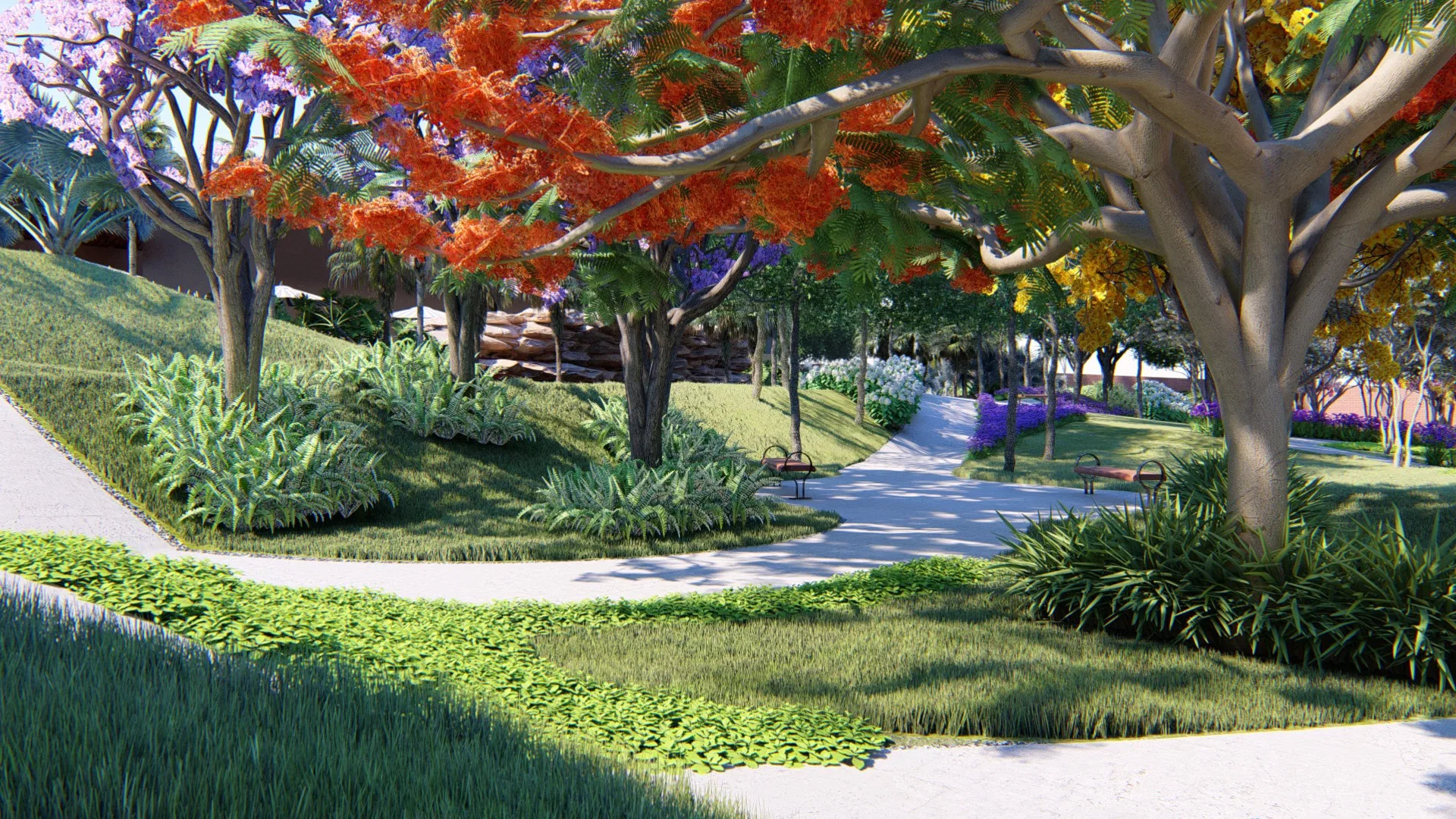 Daytime avenue beneath an orange-flowering tree, with purple and yellow blooms beyond, a curved path with benches and geometric beds of grasses