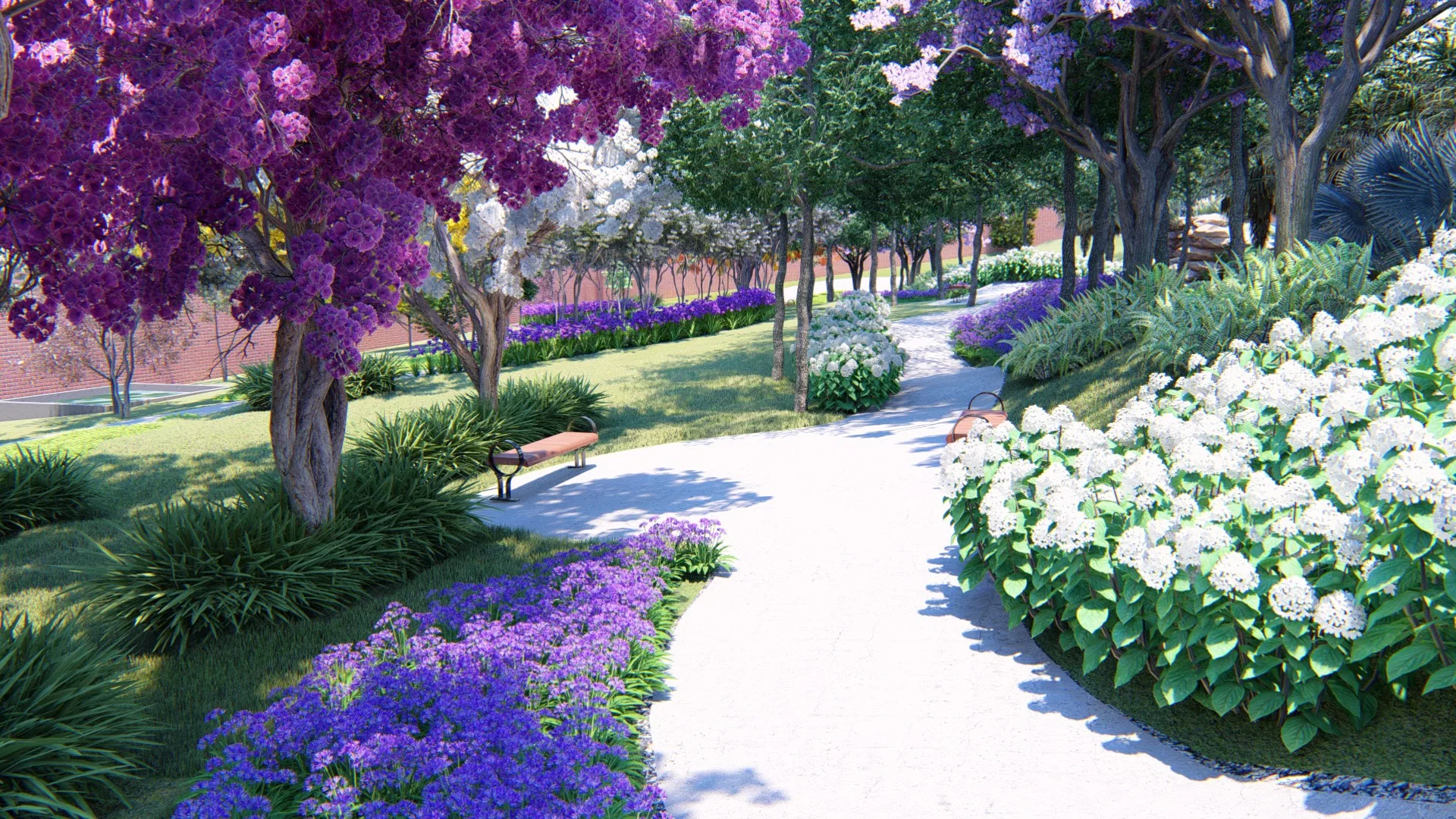 Pale path winding among purple-flowering trees, ribbons of lilac agapanthus and masses of white hydrangeas, with an iron bench in the shade