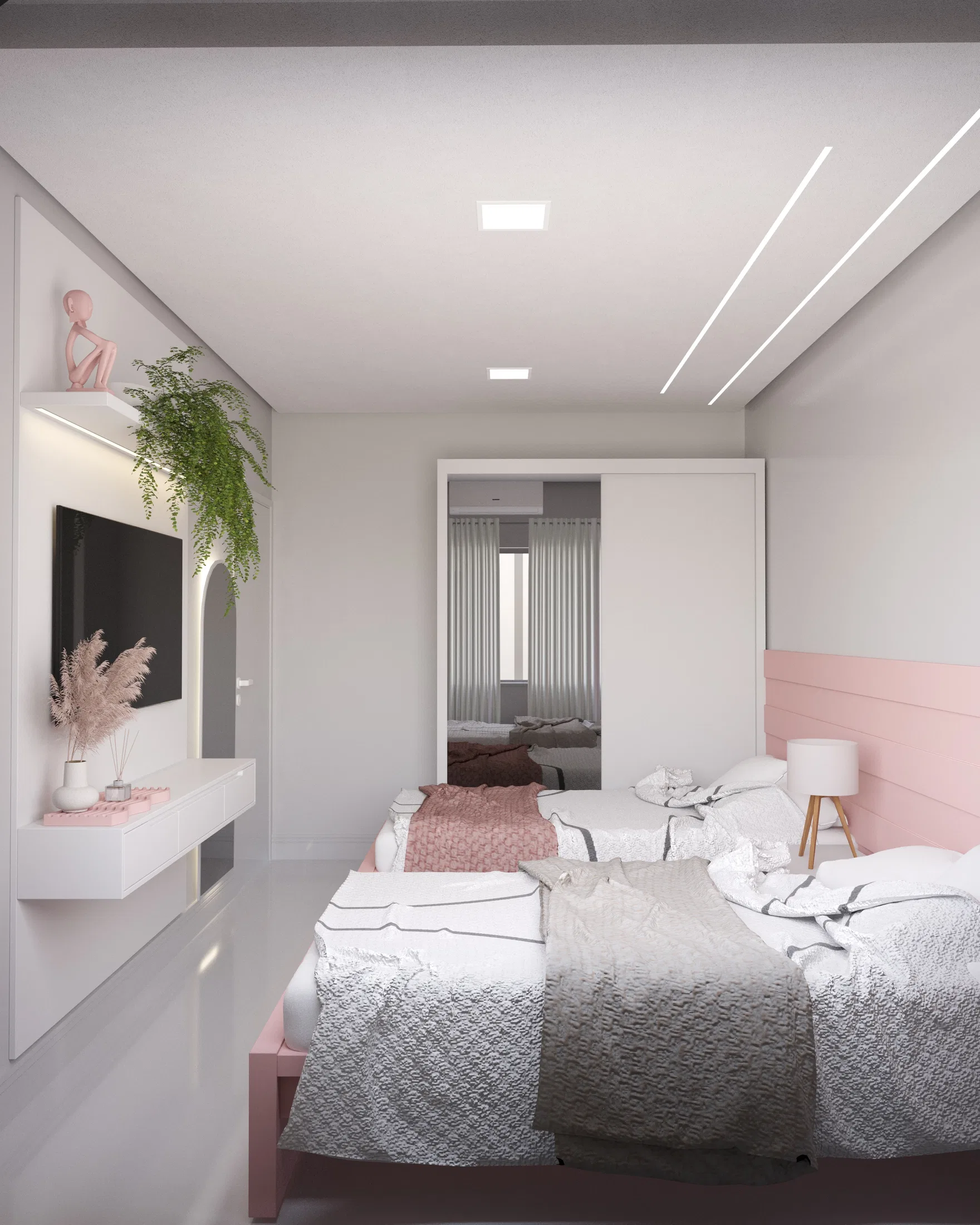 Bedroom in pink and gray tones with two twin beds, a TV panel with an arched niche and a hanging plant