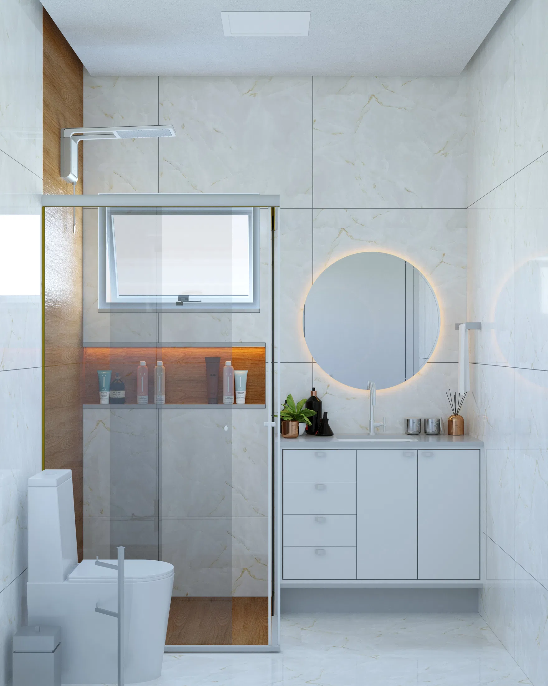 Bathroom with a glass shower enclosure, a wood niche holding toiletries and a round backlit mirror above a white sink