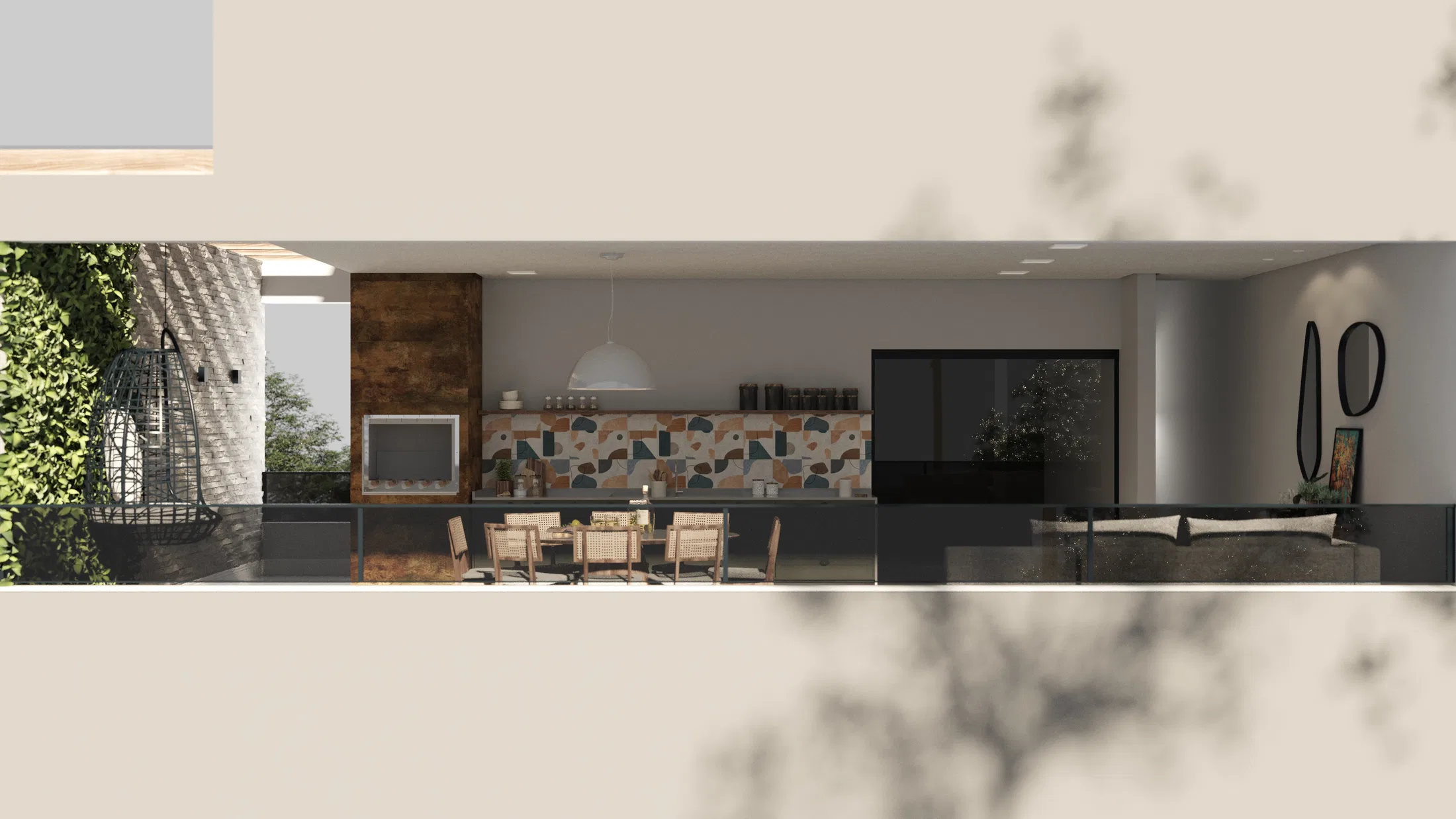 Gourmet balcony seen from above, with a living green wall, a hanging chair, a round dining table and a terrazzo-tiled kitchen